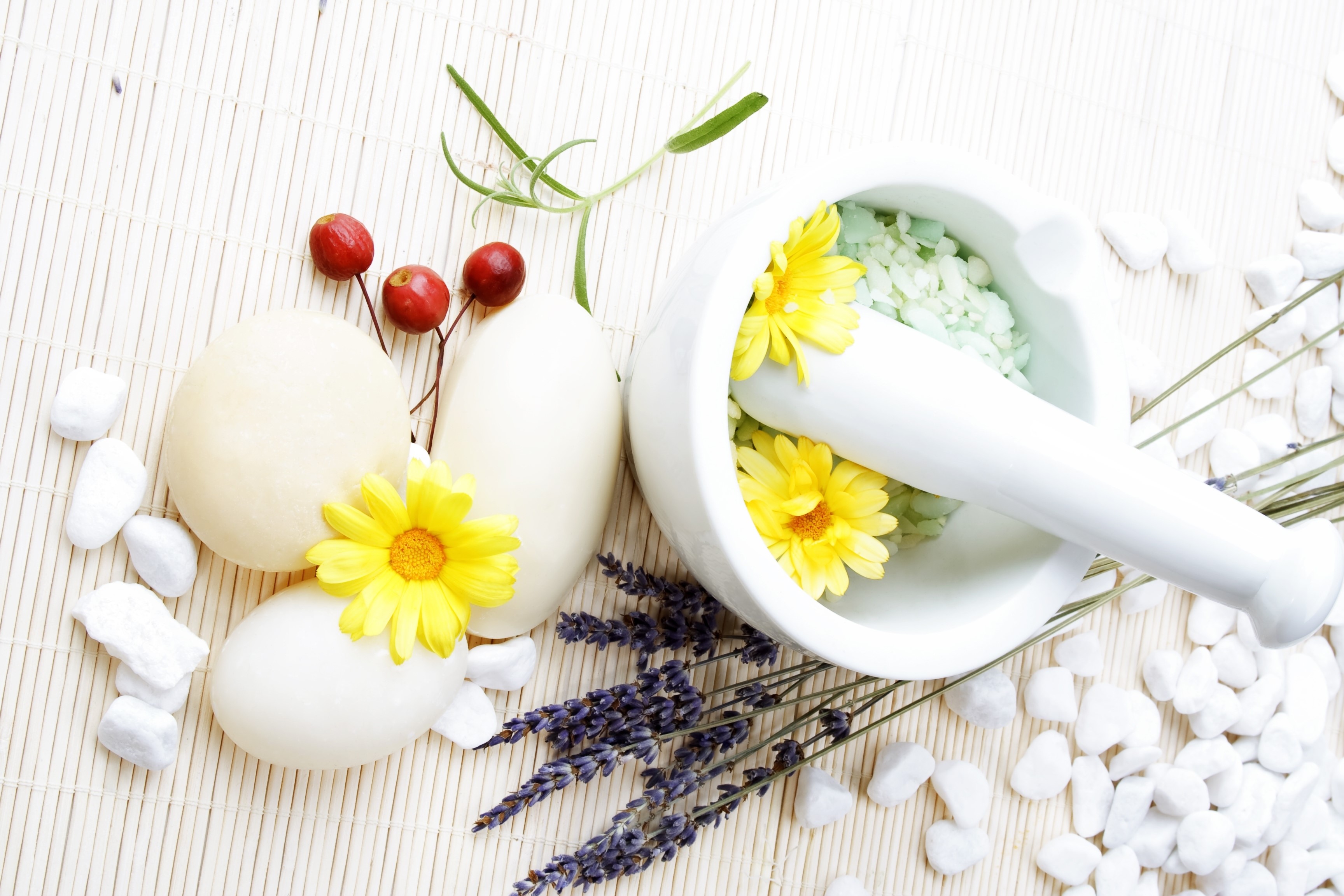 Spa items with flowers and stones HD Wallpaper
