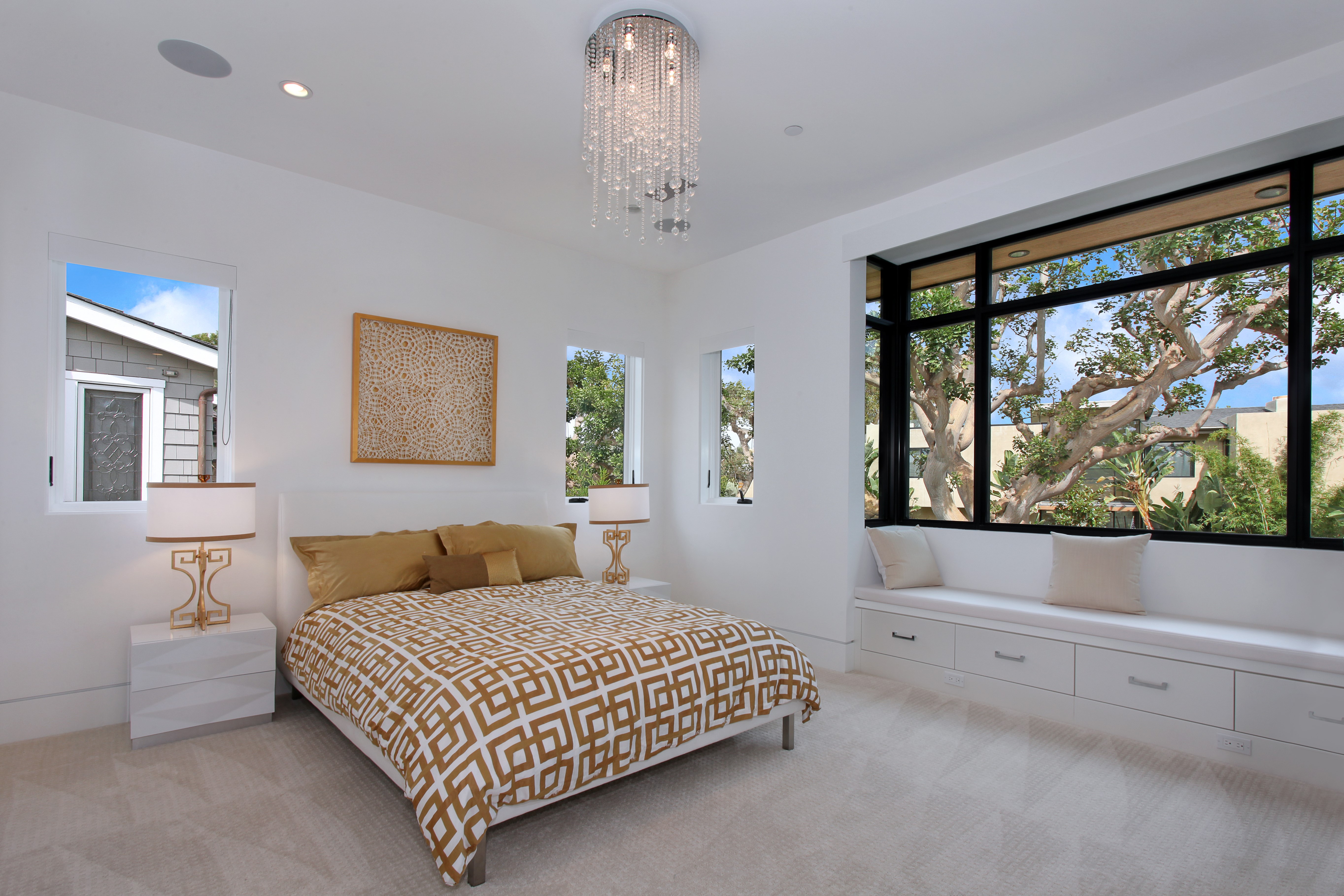 Modern Bedroom with Chandelier and Large Window HD Wallpaper