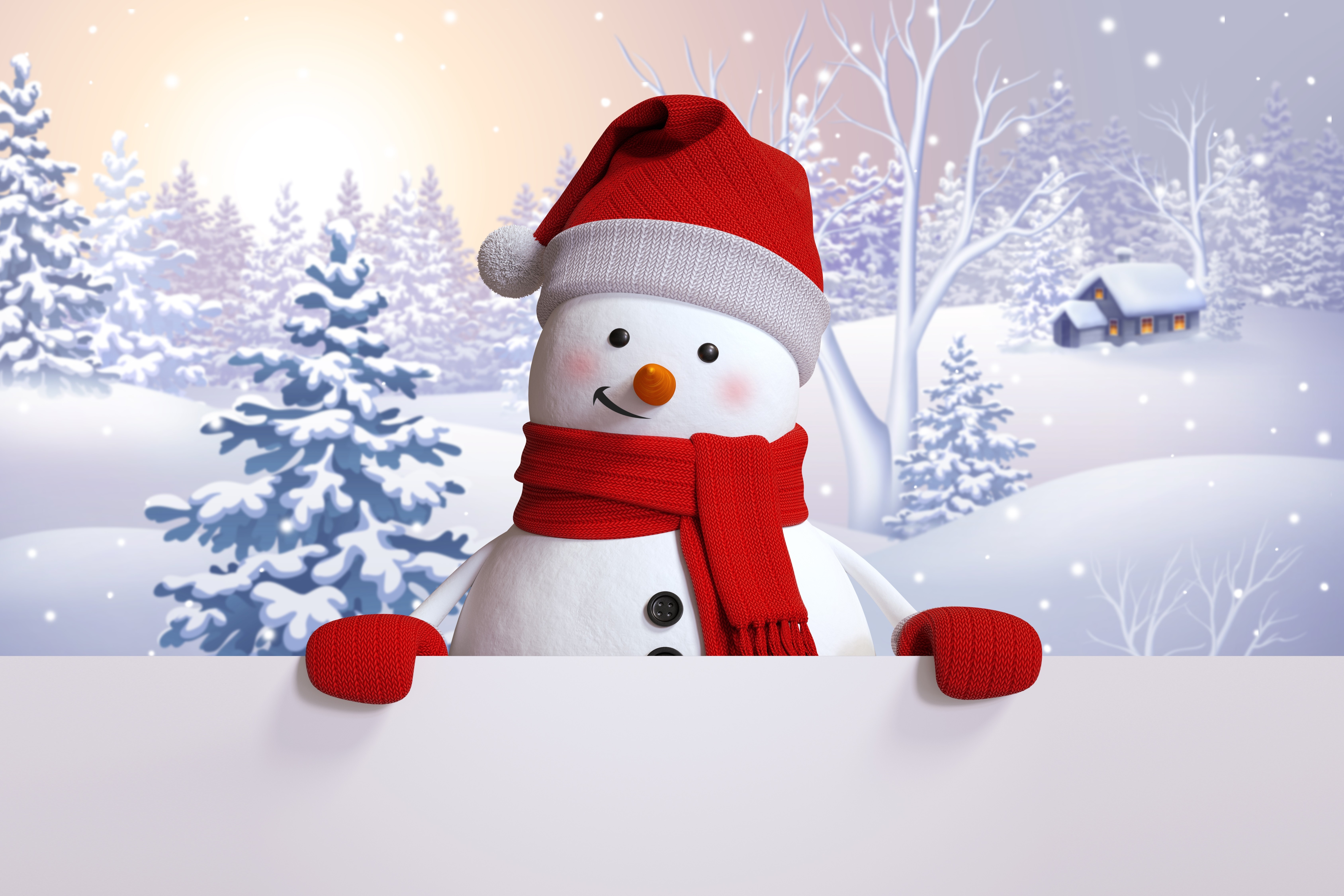 Snowman with red hat and scarf holding a sign HD Wallpaper