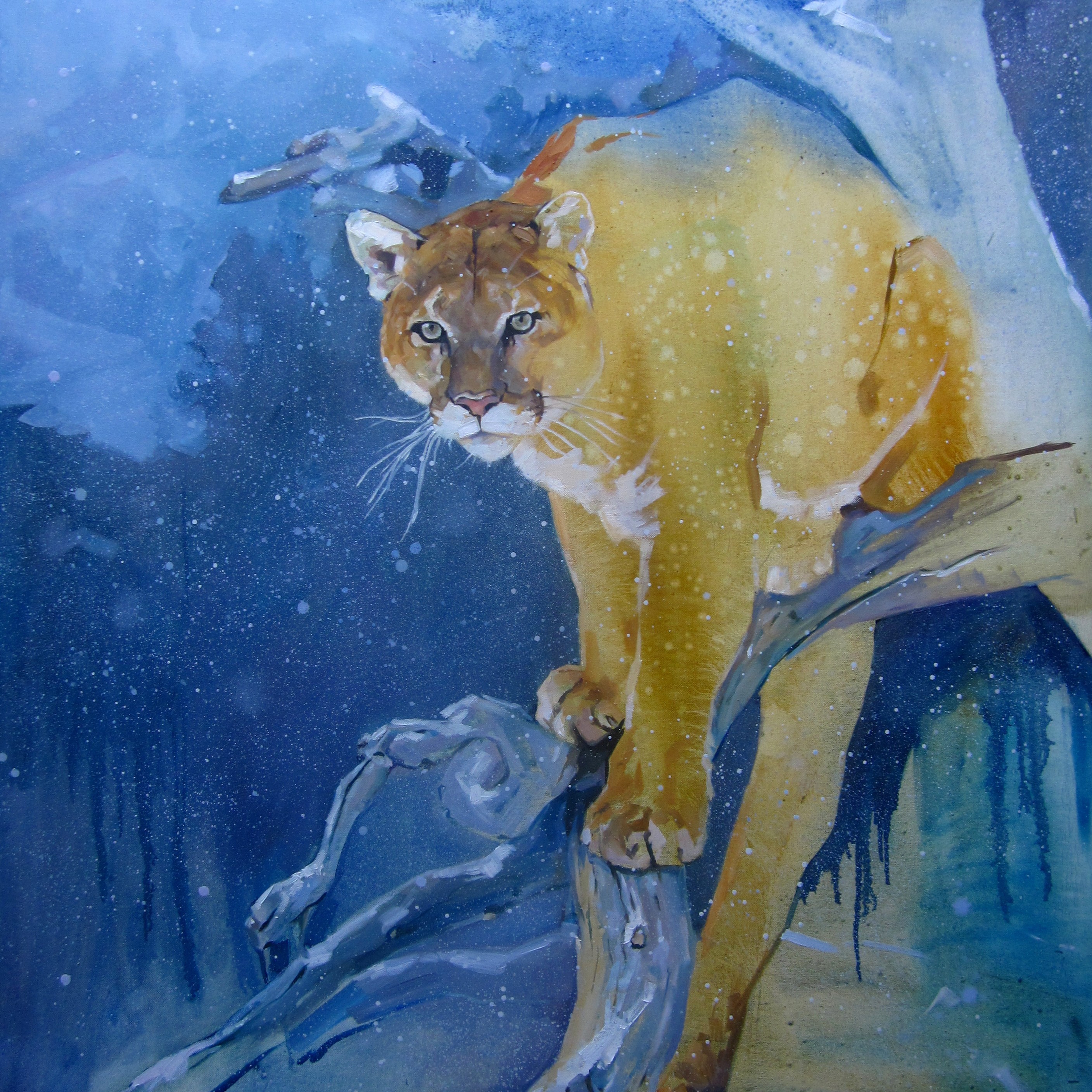 Painting of a Puma on a Tree Branch HD Wallpaper