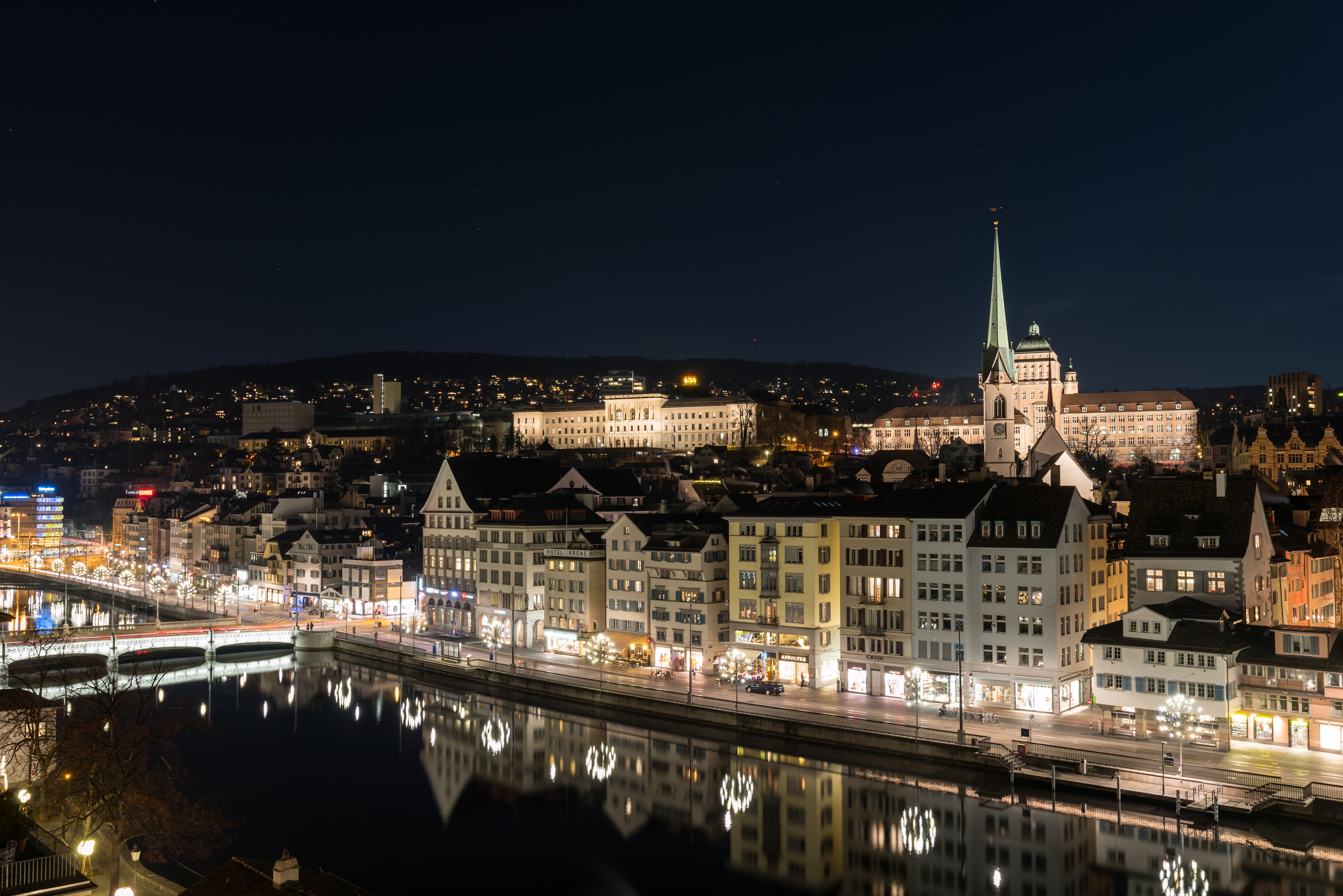 Zurich at Night with River and Churches HD Wallpaper