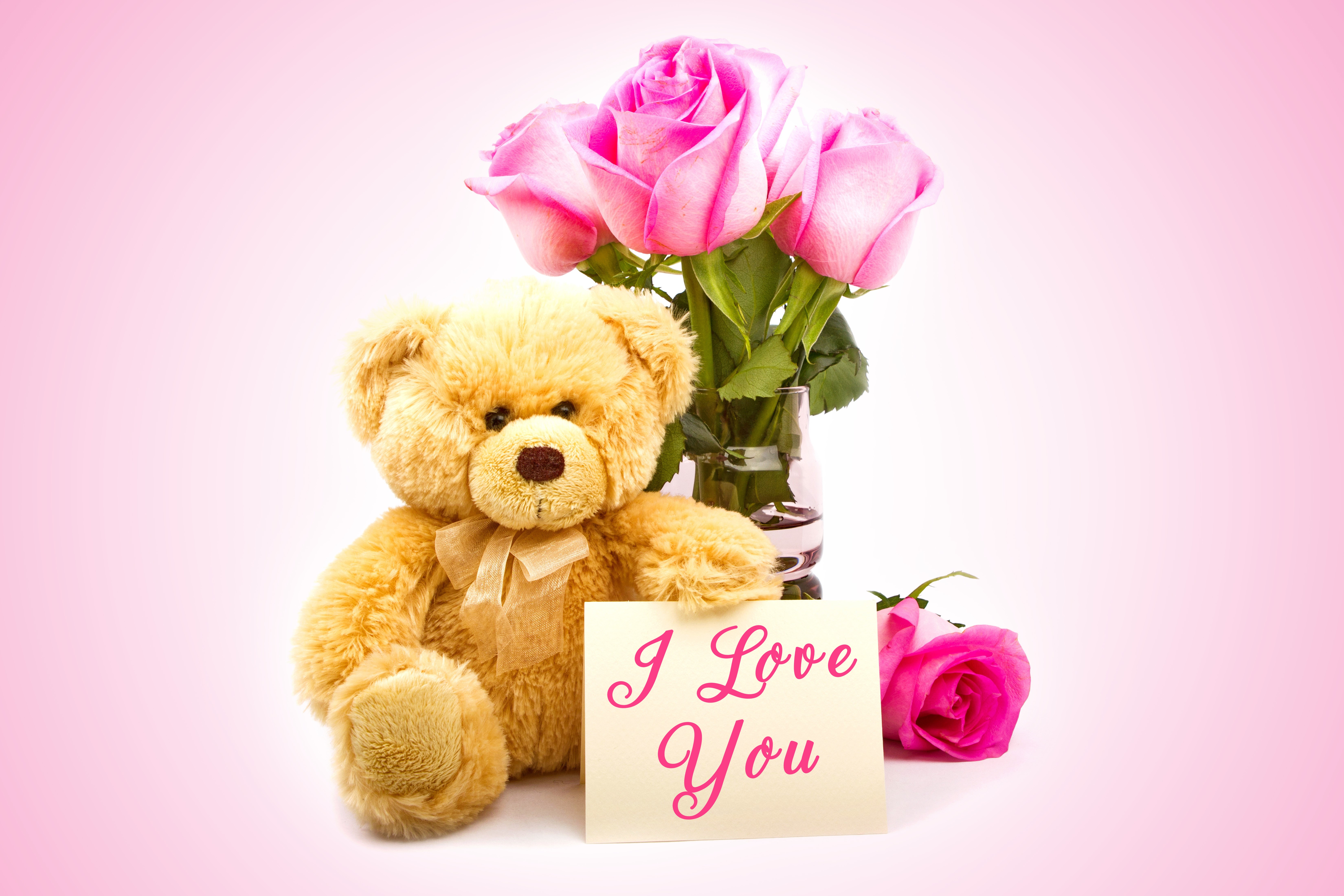 Teddy bear with pink roses and "I Love You" card HD Wallpaper