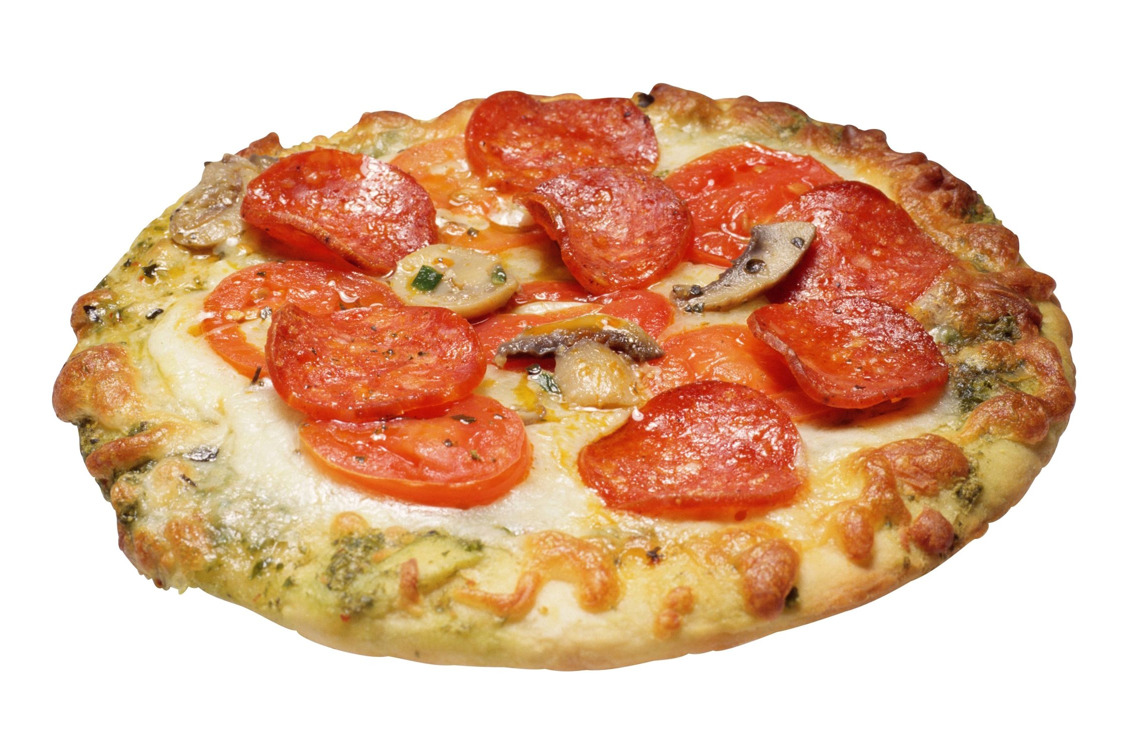 Pepperoni and mushroom pizza with tomatoes HD Wallpaper