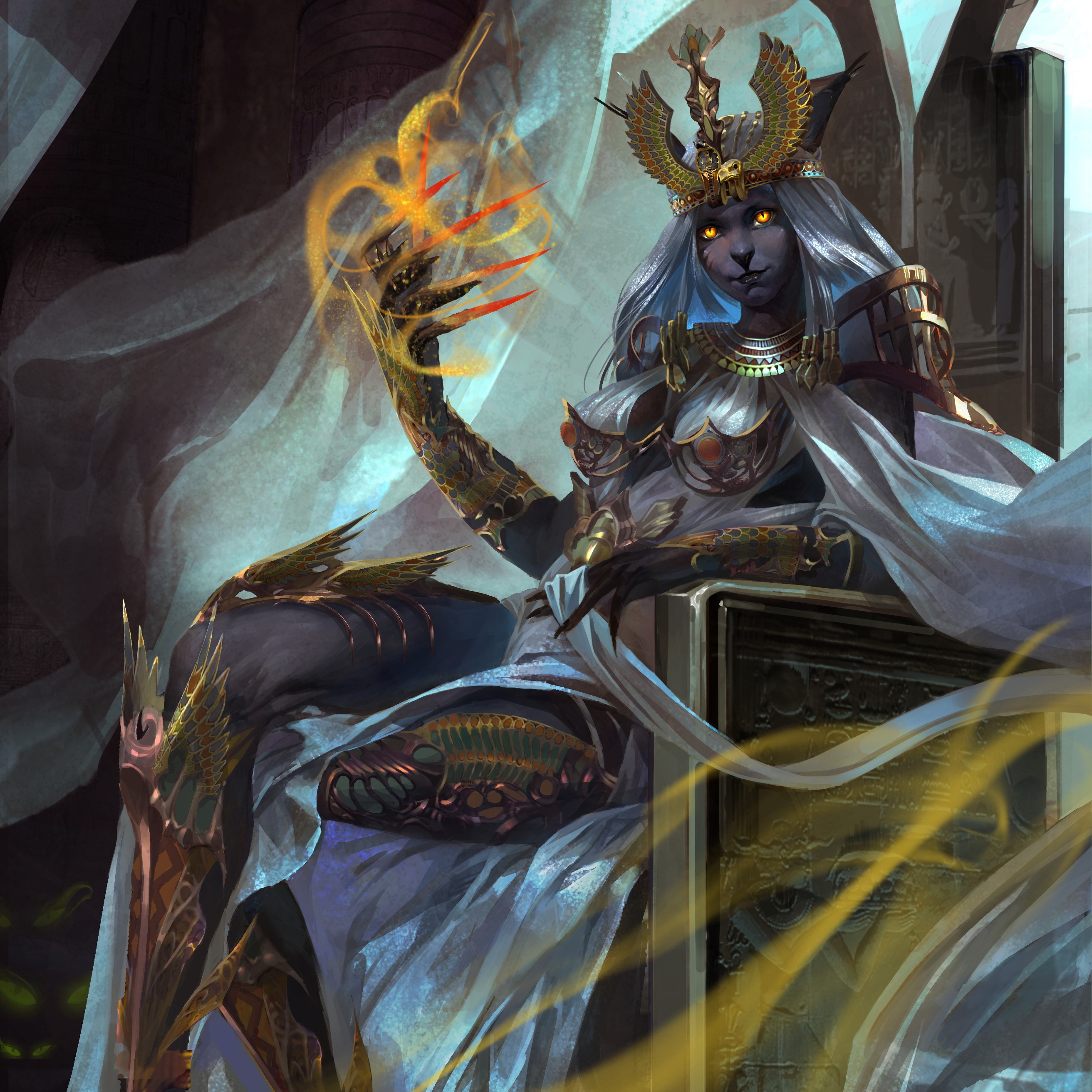 Cat-like sorceress queen on a throne with magic HD Wallpaper