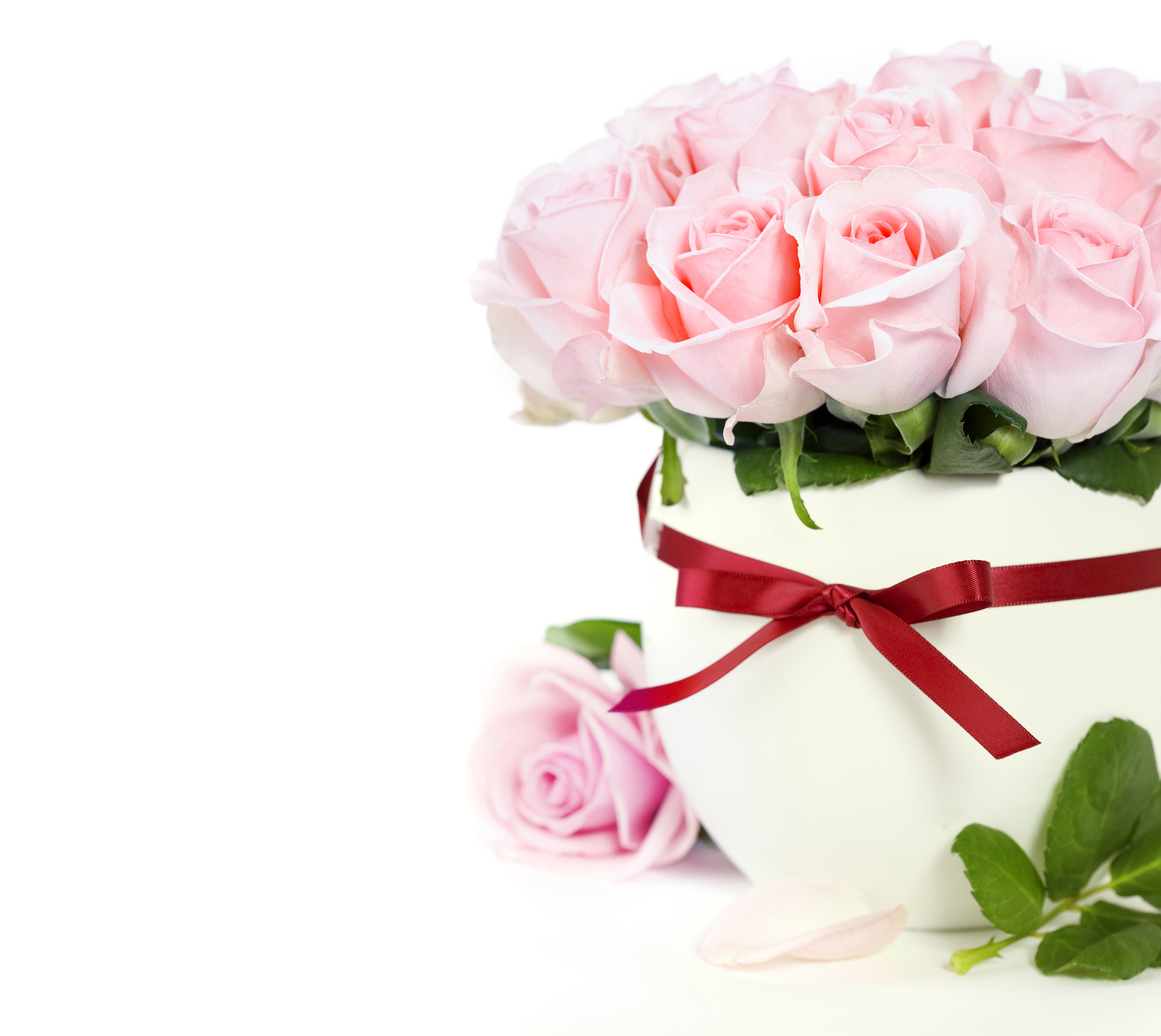 Pink Roses in a Vase with a Red Bow HD Wallpaper