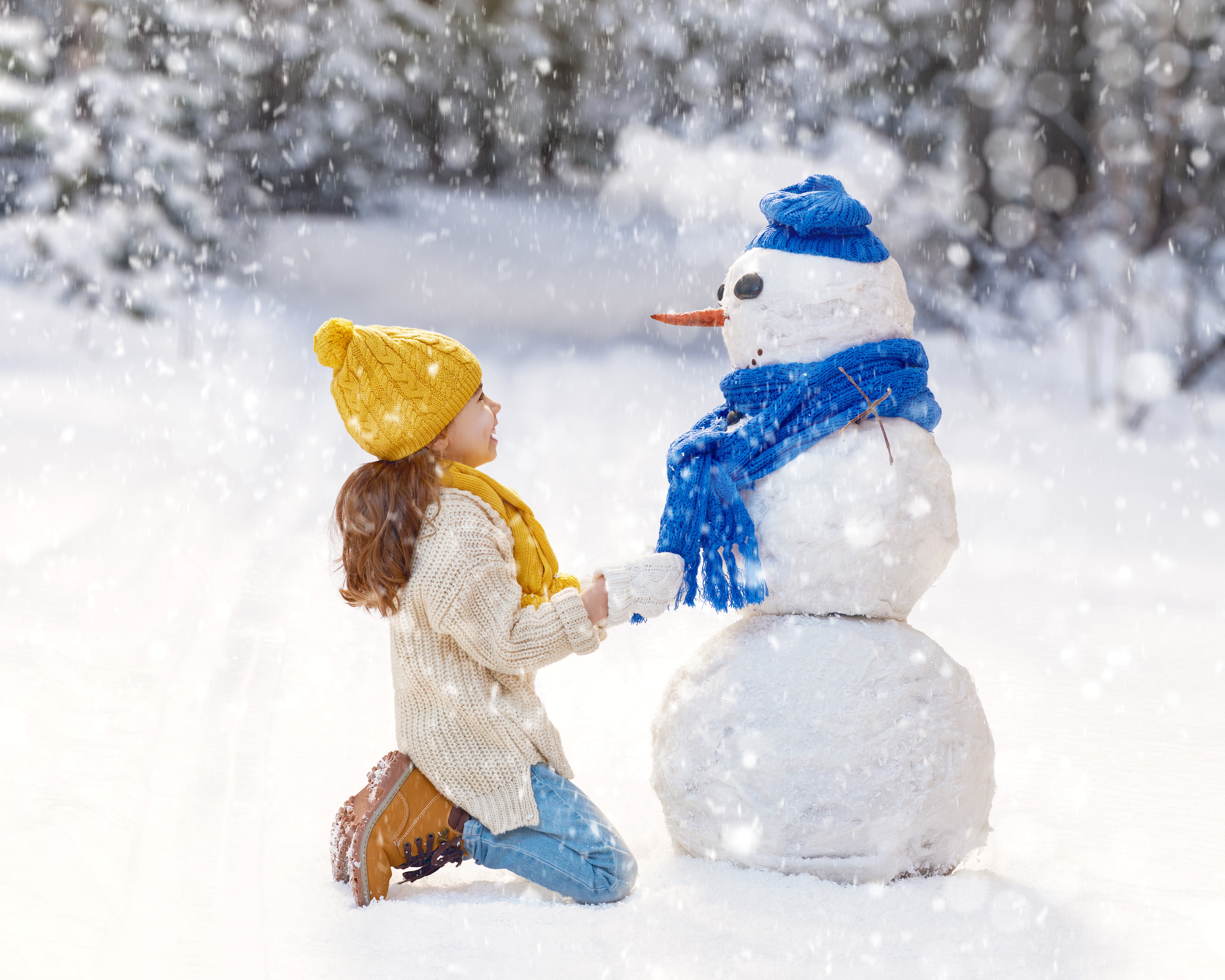 Girl and Snowman in Winter Forest HD Wallpaper