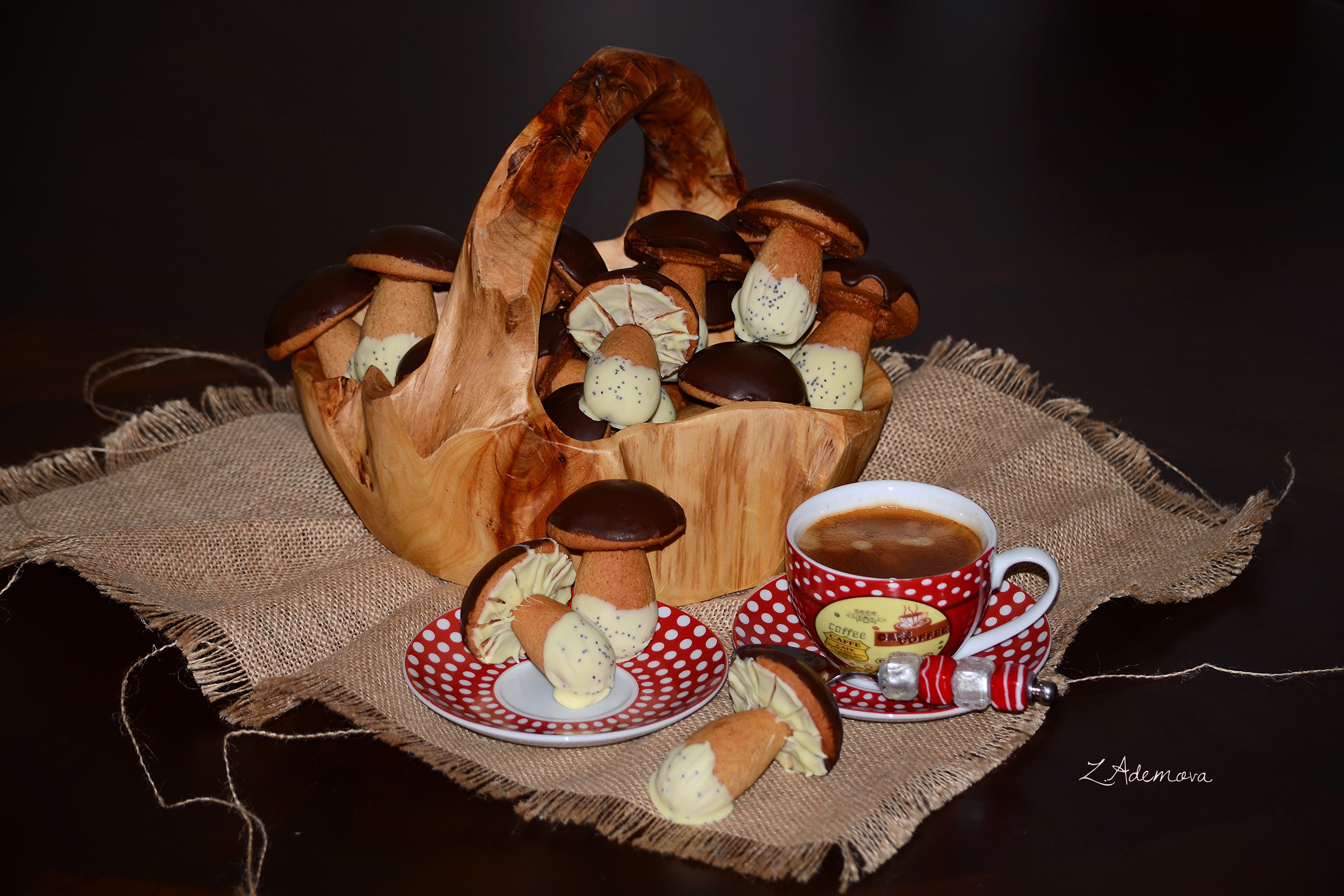 Mushroom cookies in a basket with coffee HD Wallpaper