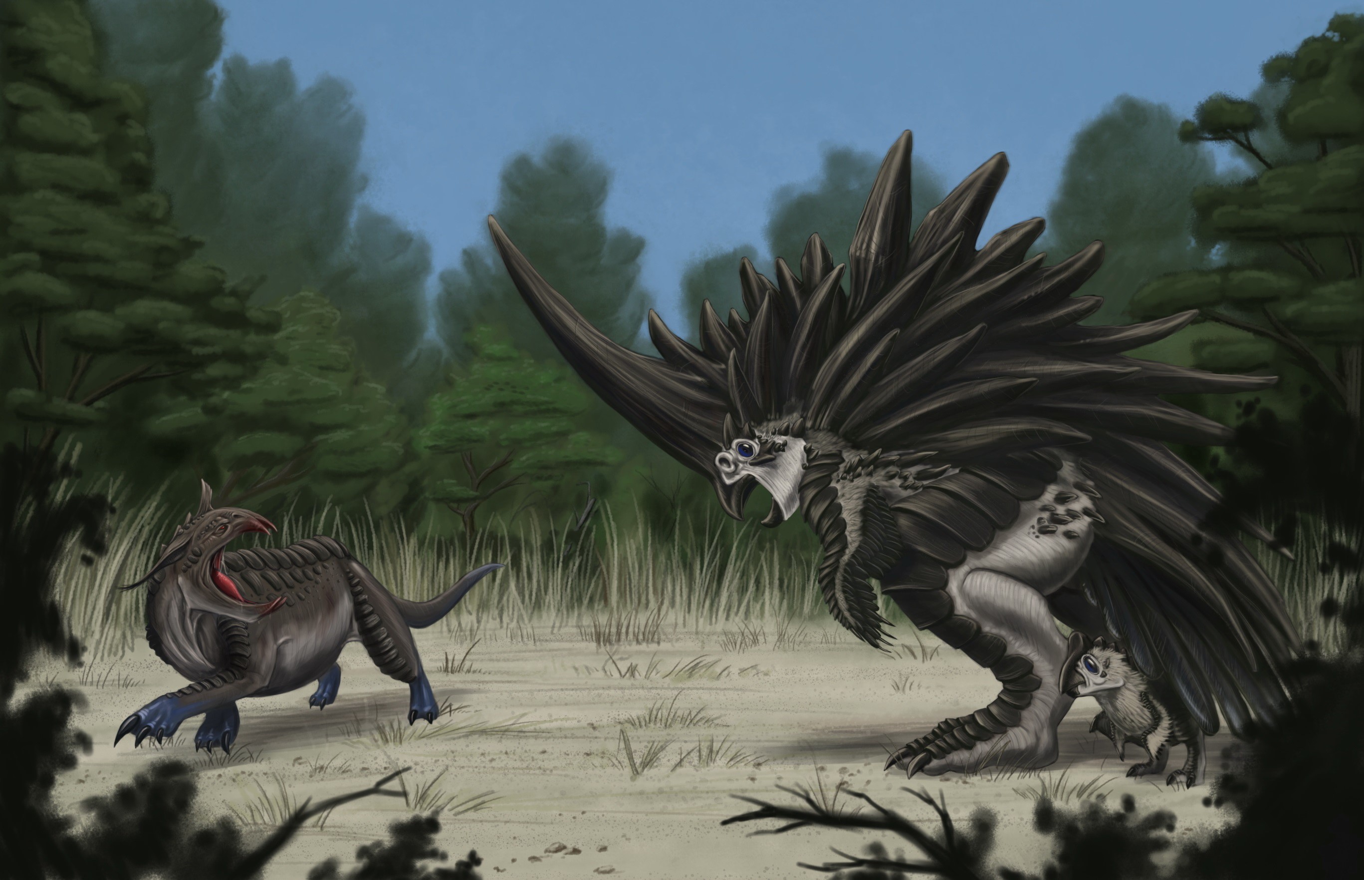 Megacerasornis vs. Blue-footed Tetradon in ancient forest HD Wallpaper