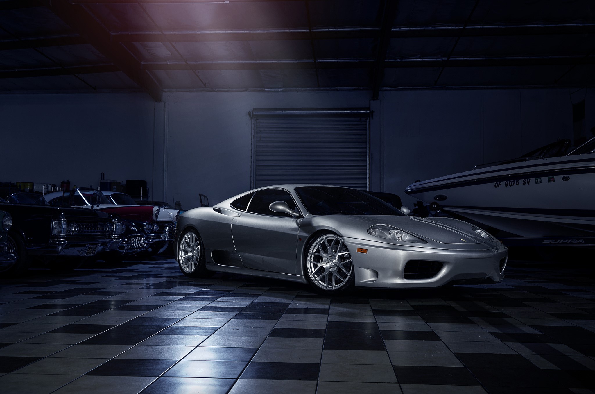 Silver Ferrari 360 Modena in a garage HD Wallpaper