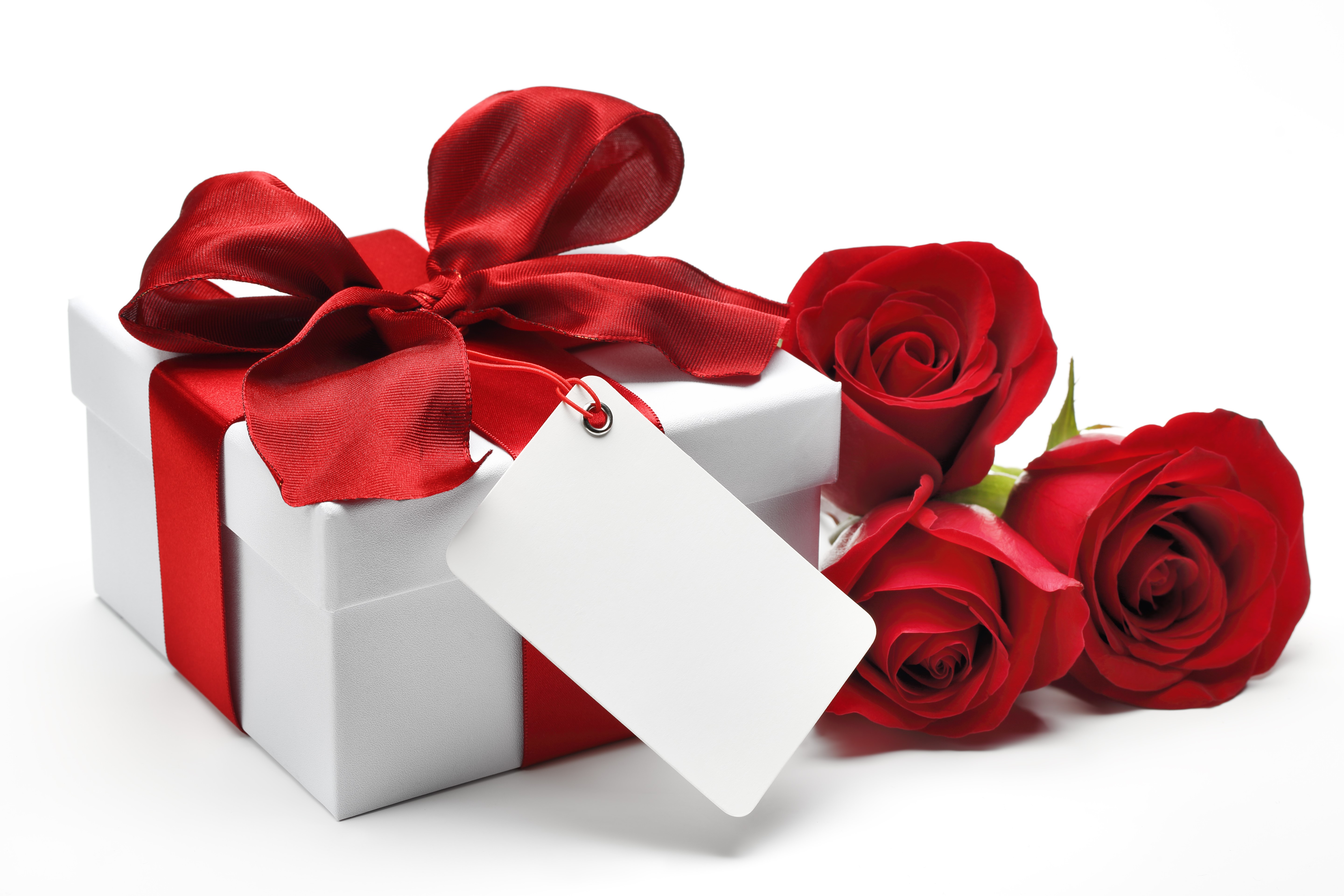 White Gift Box with Red Bow and Roses HD Wallpaper
