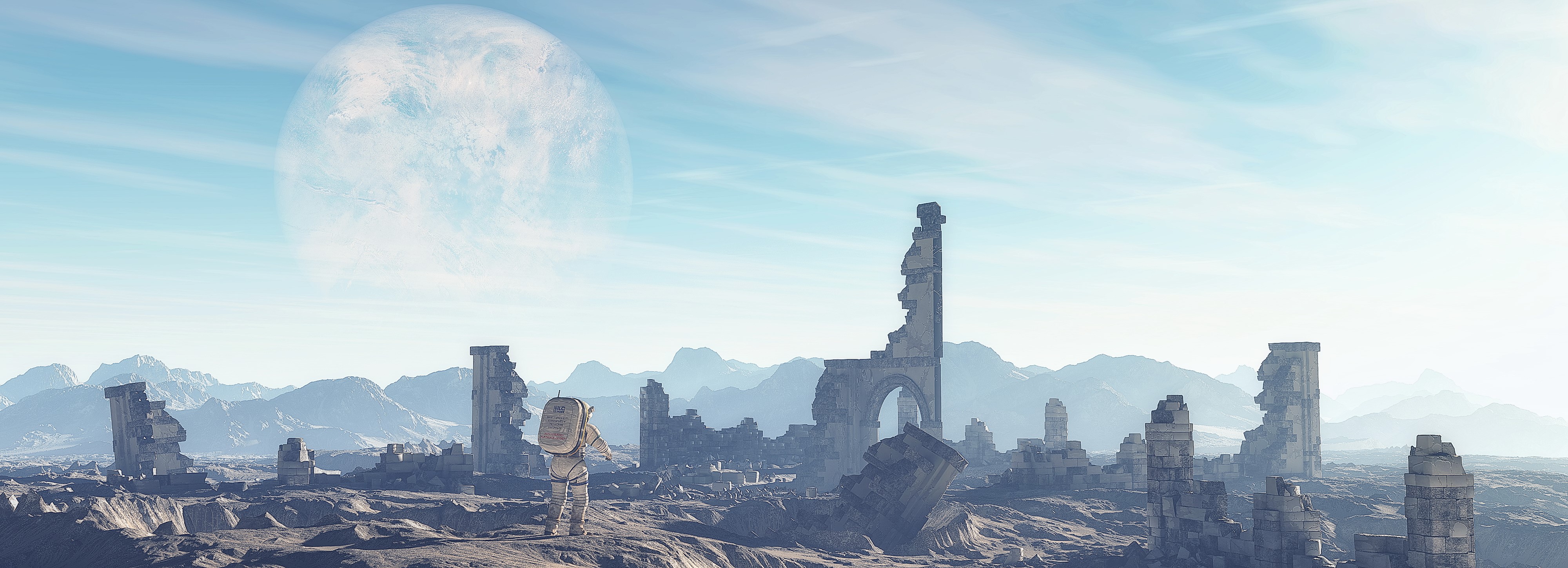 Astronaut exploring alien ruins with large moon HD Wallpaper