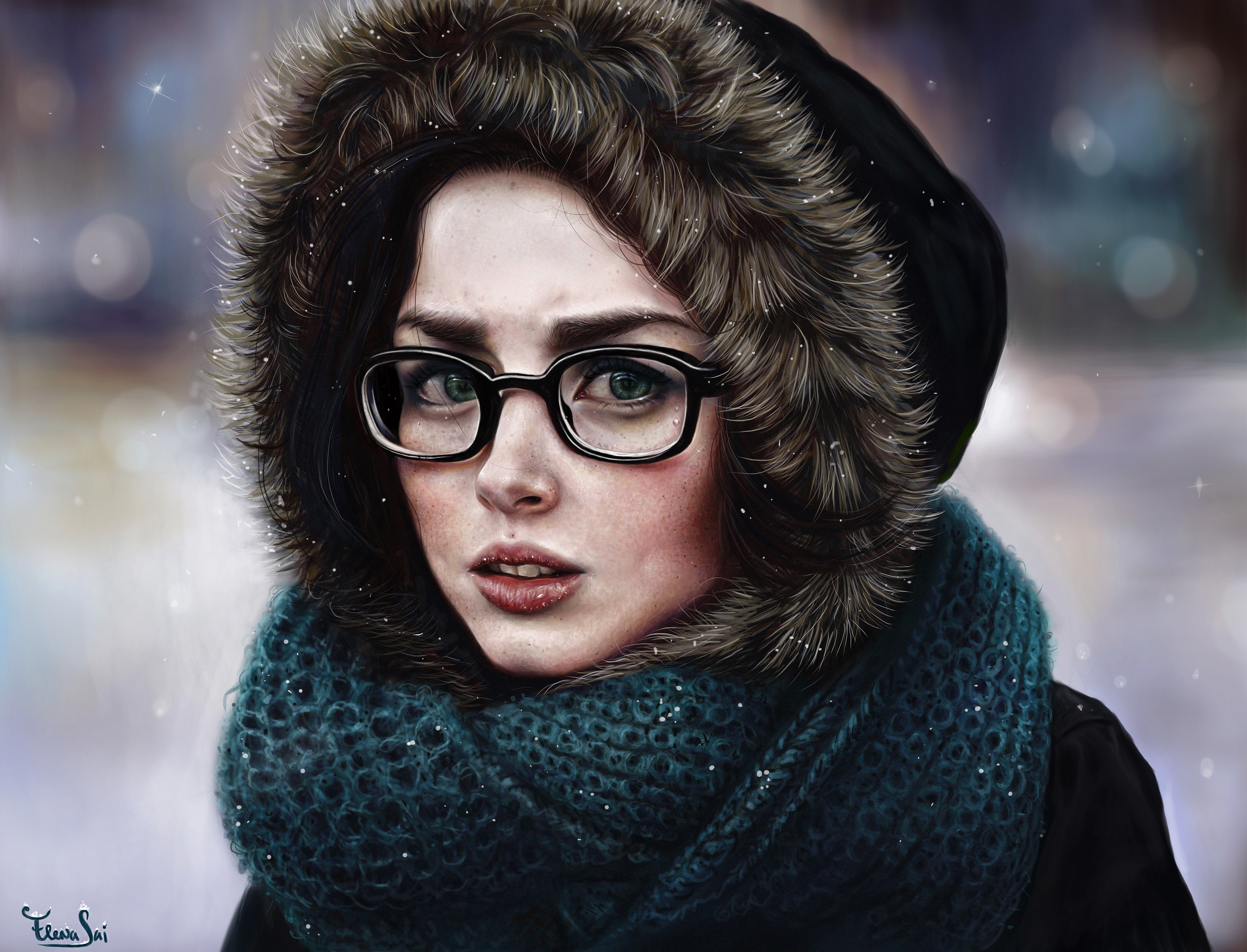 Painting Art of a woman with glasses in winter HD Wallpaper