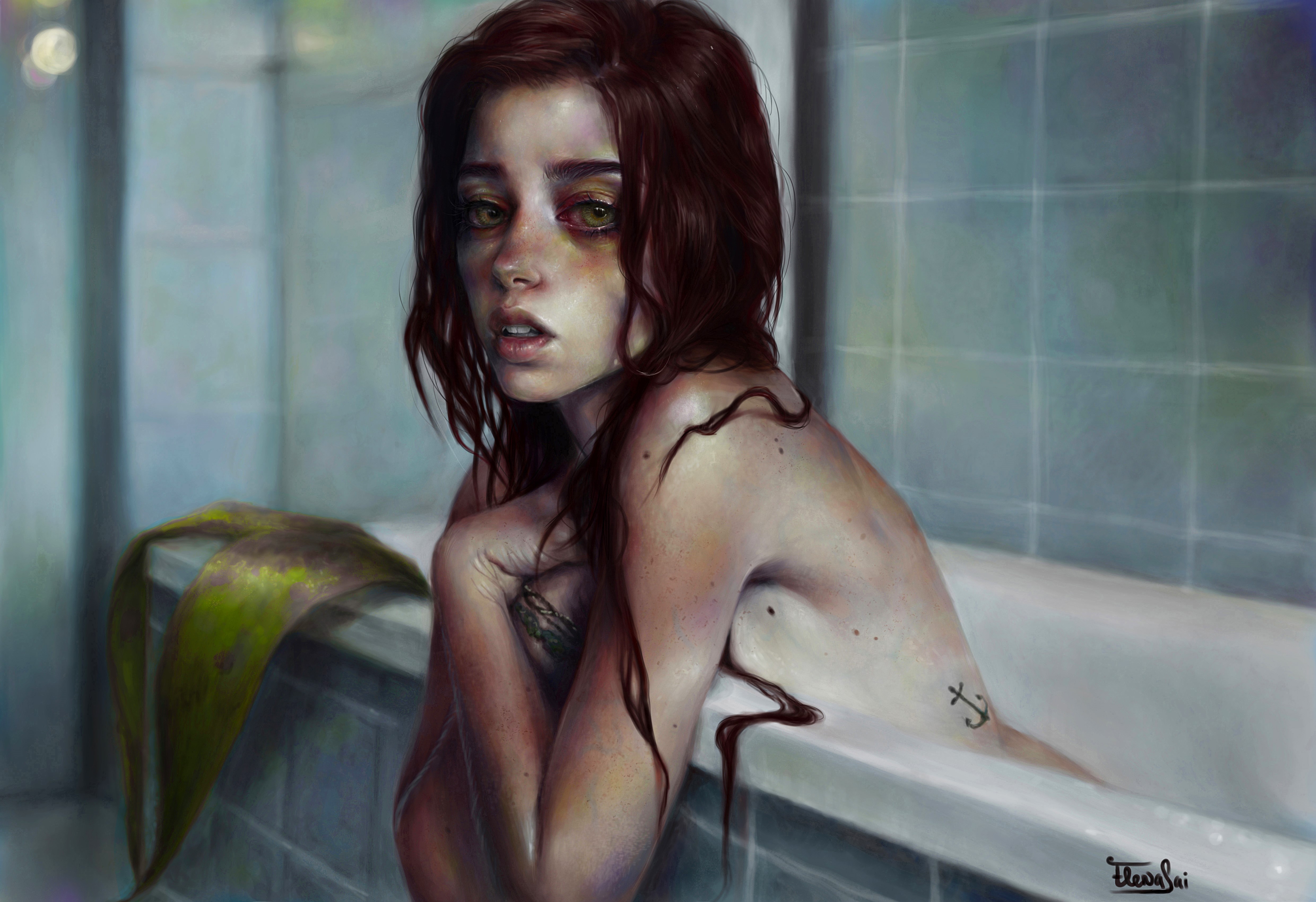 Painting Art of a Brown-haired Woman in a Bathroom HD Wallpaper
