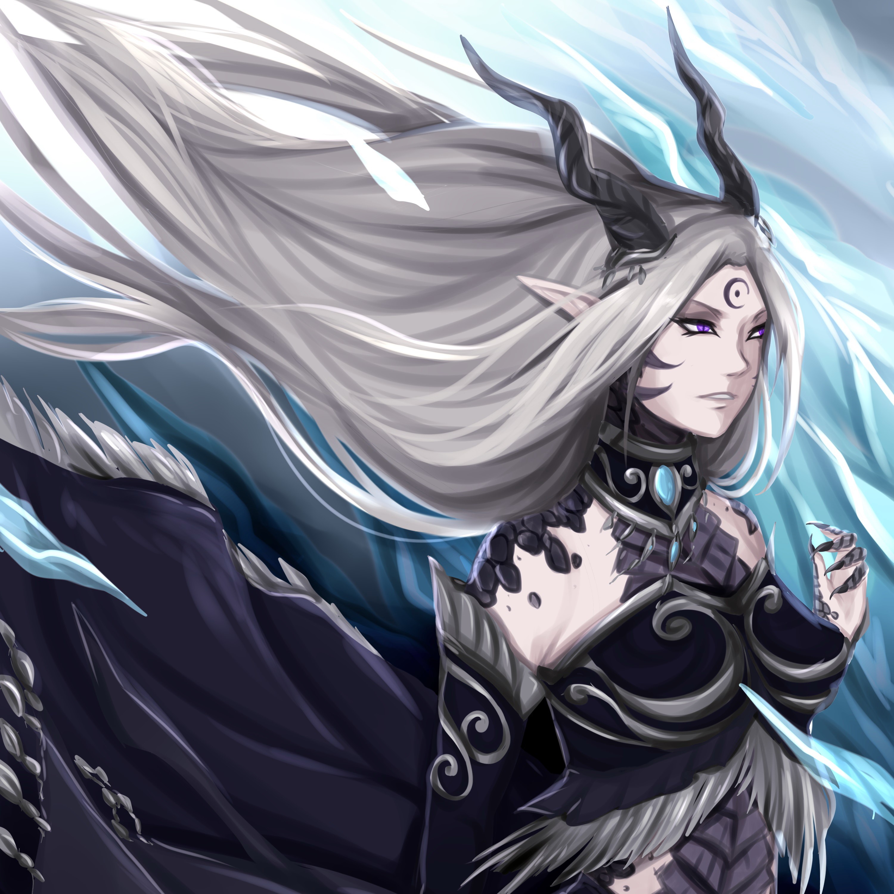 Female demon with long white hair and horns HD Wallpaper