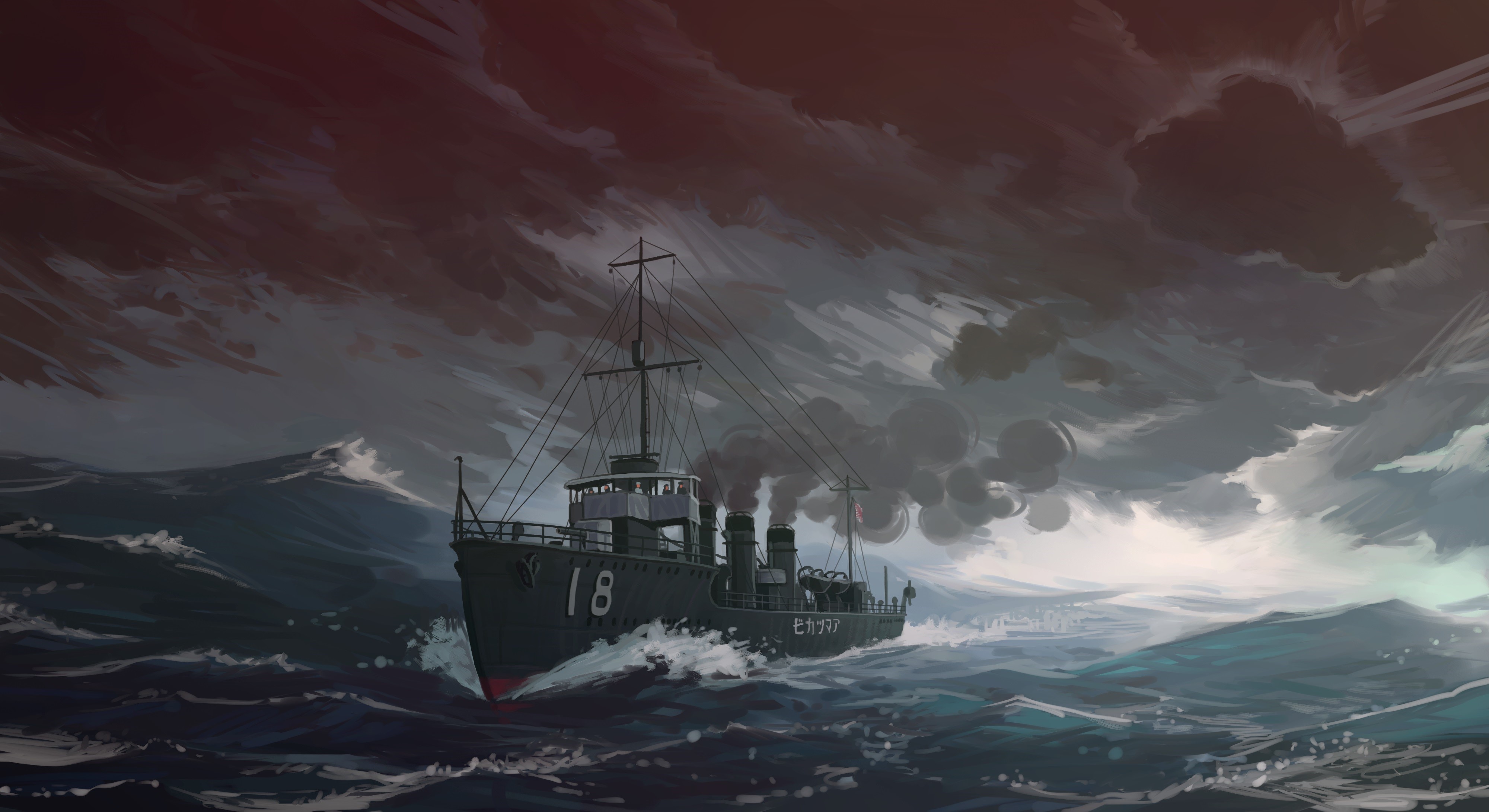 4K IJN destroyer Amatsukaze sailing on stormy seas HD Wallpaper