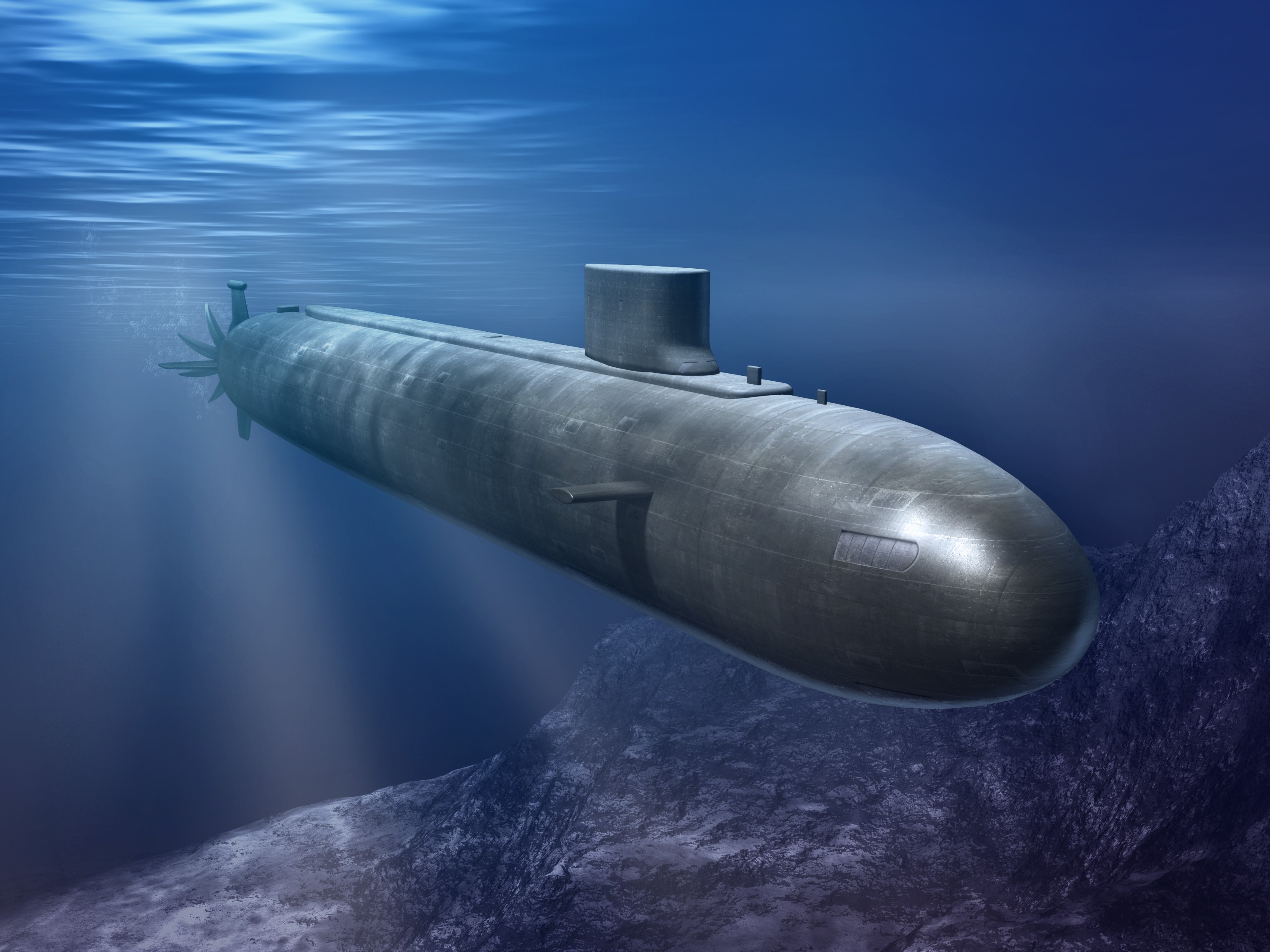 Submarine underwater near rocky seabed HD Wallpaper