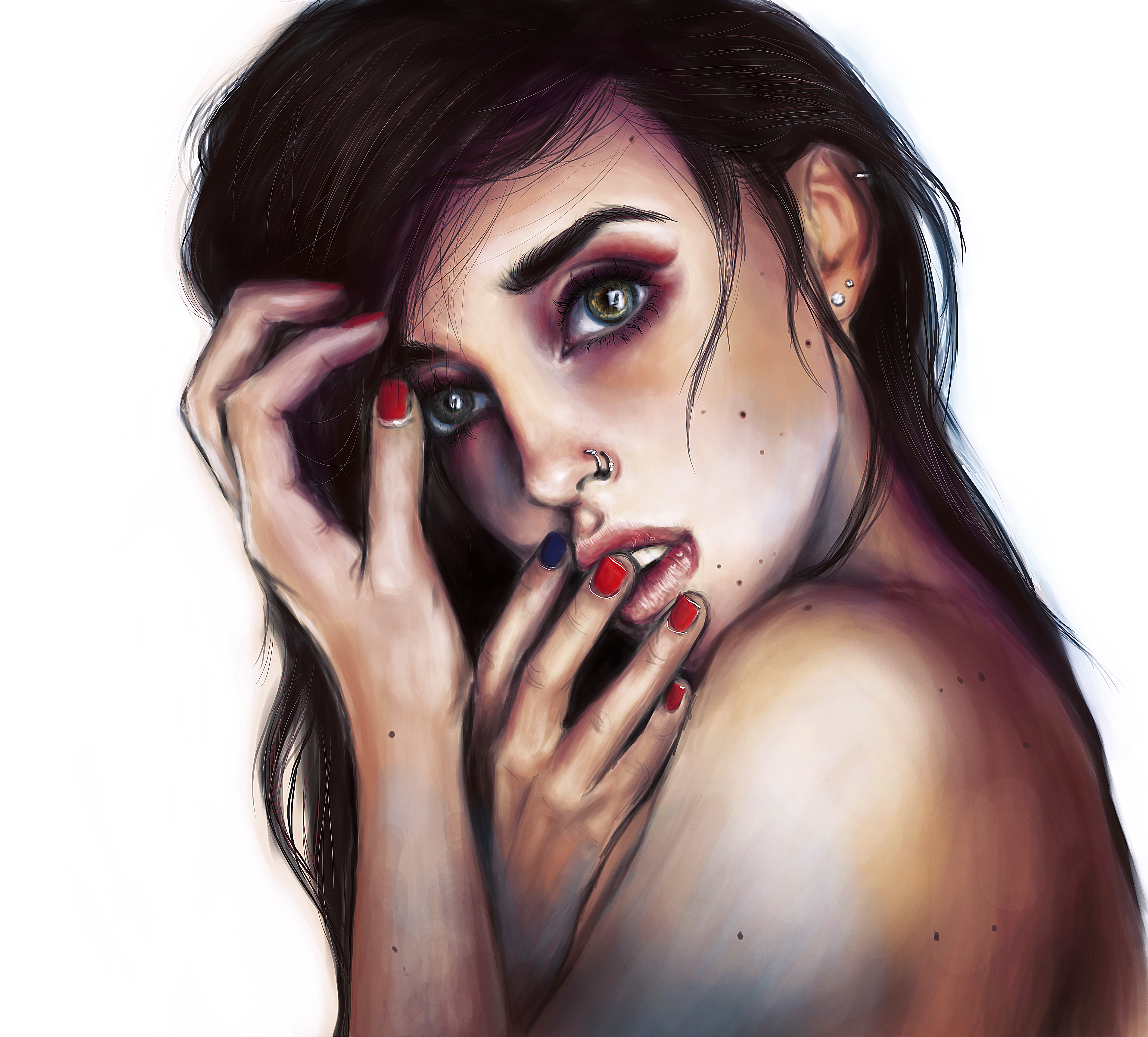 Painting Art of a Woman with Red and Blue Nails HD Wallpaper