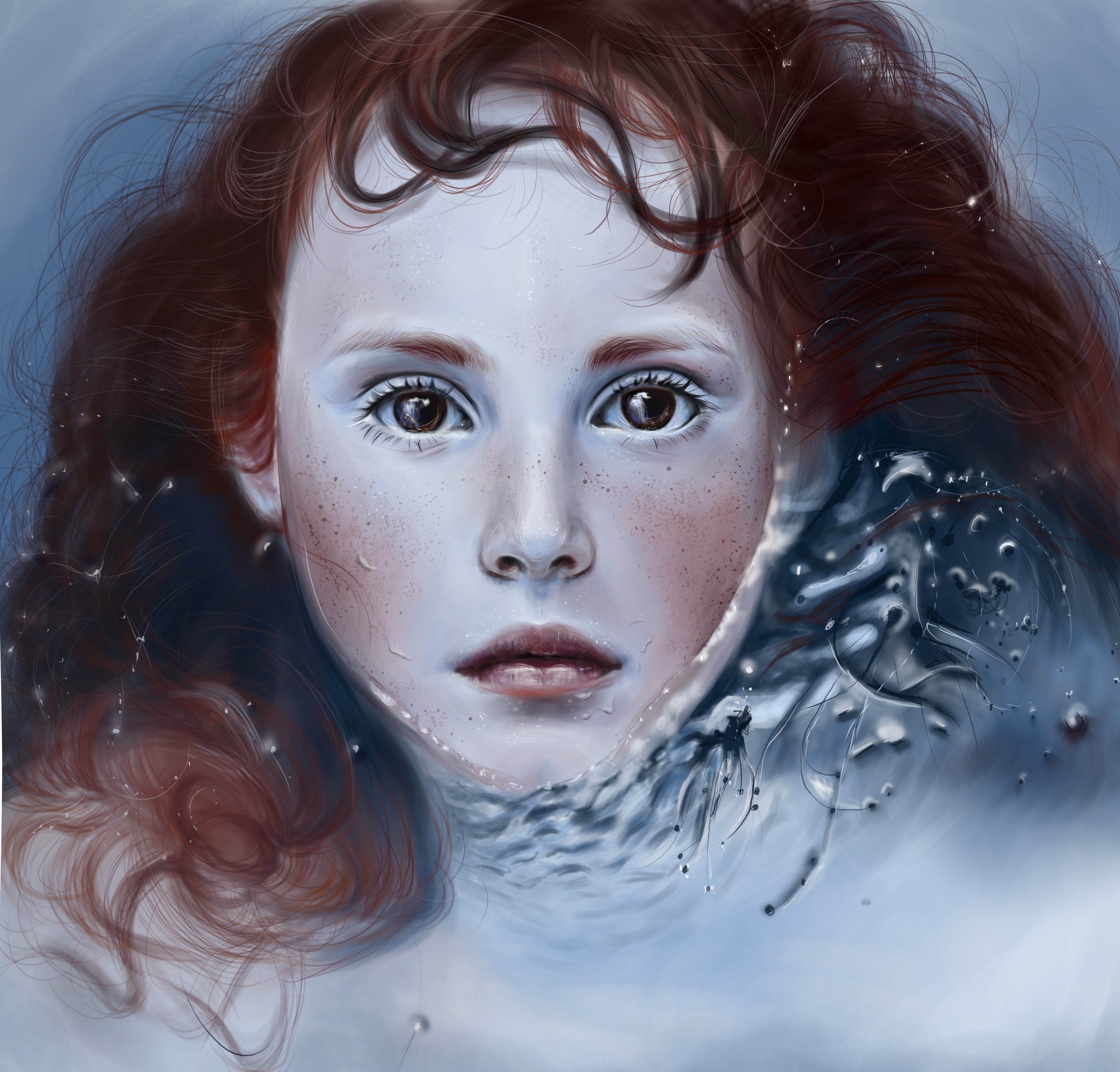 Painting of a redhead girl's face partially submerged in water HD Wallpaper