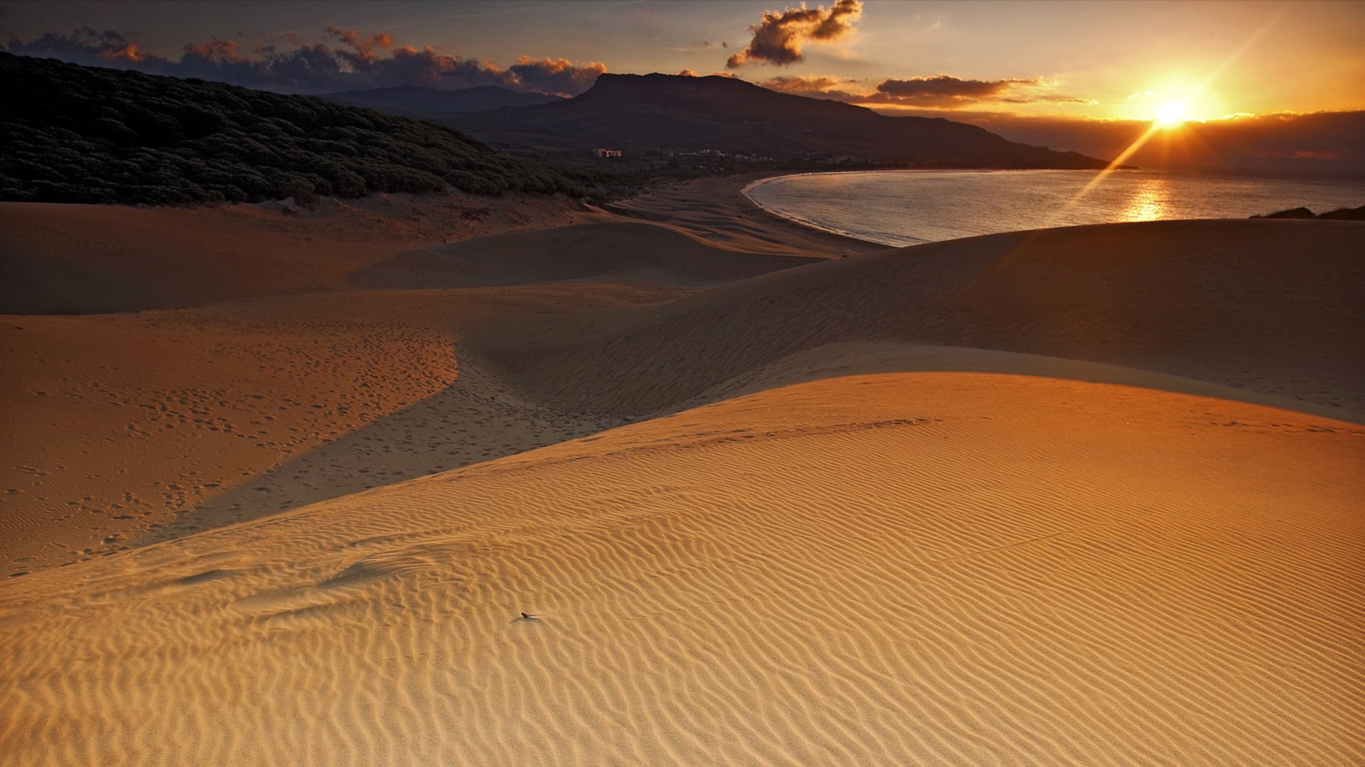 Sunset over sand dunes and the sea HD Wallpaper