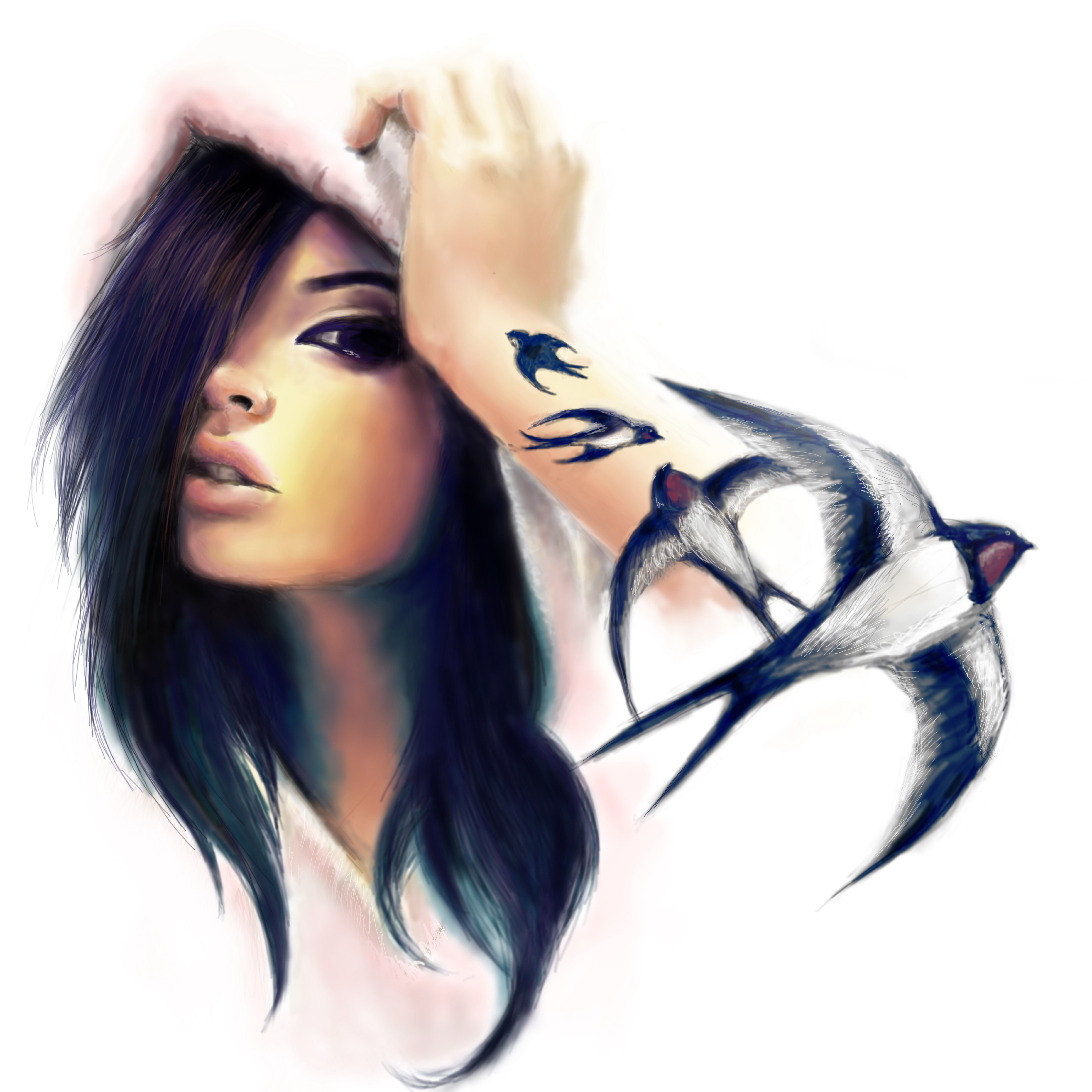 Painting of a brunette girl with swallow tattoos HD Wallpaper