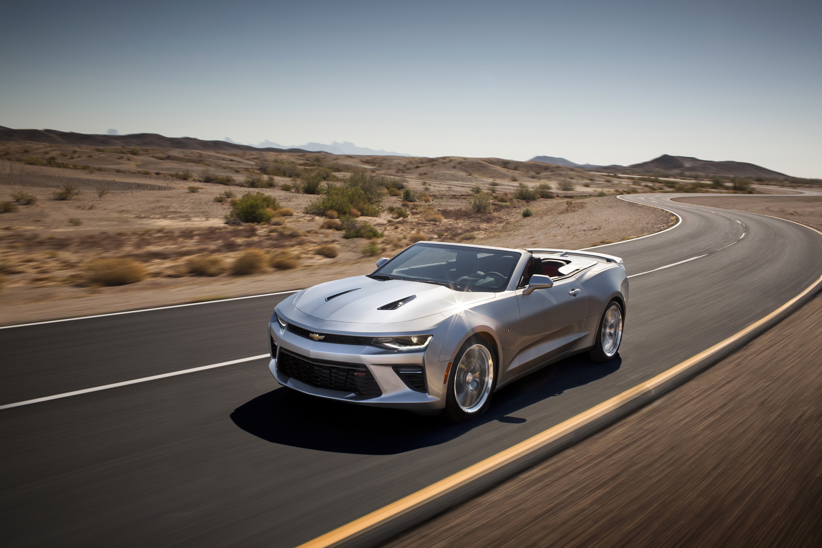 Silver 2016 Chevrolet Camaro Convertible on Desert Road HD Wallpaper