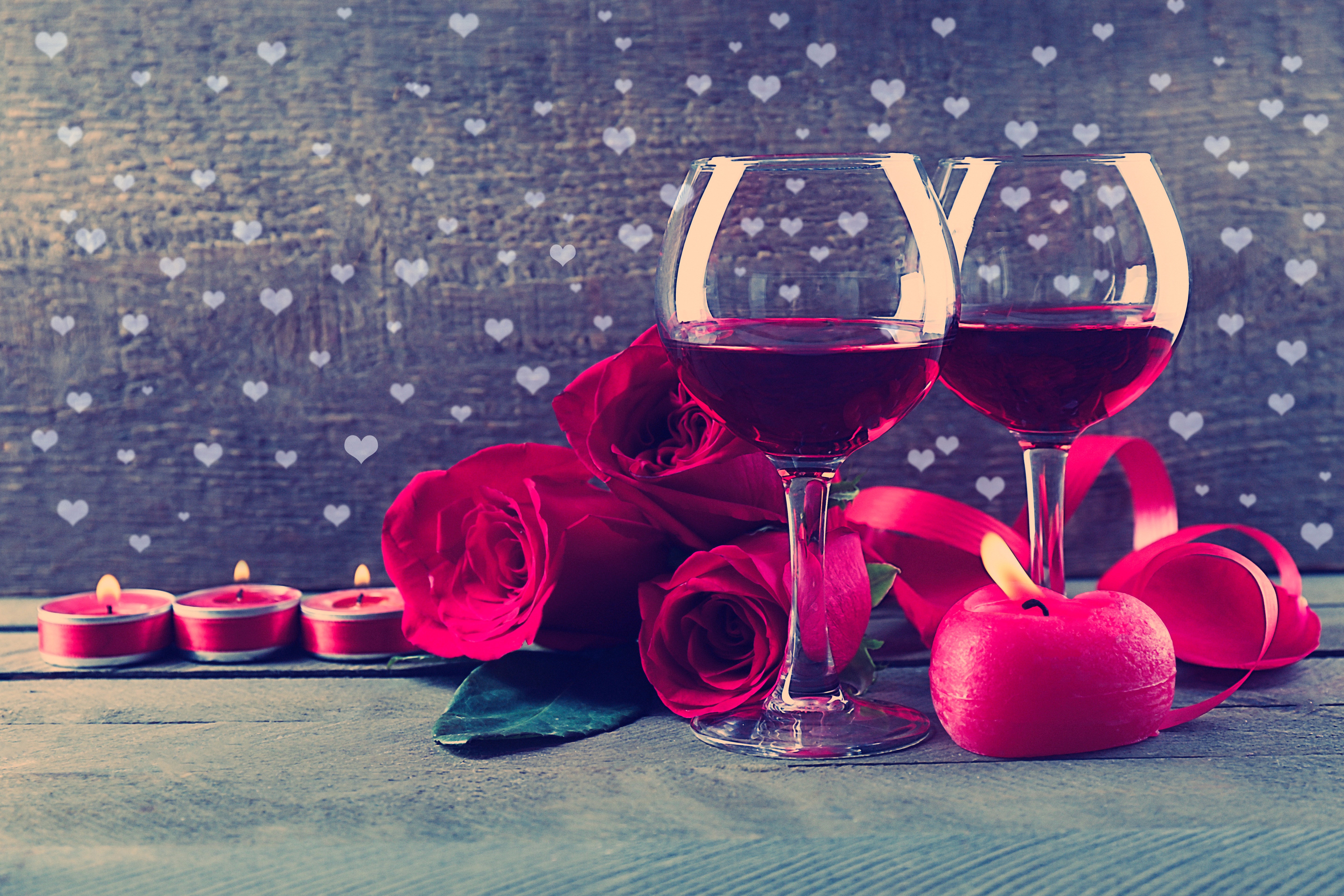 Red Roses, Wine Glasses, and Candles on Wooden Table HD Wallpaper