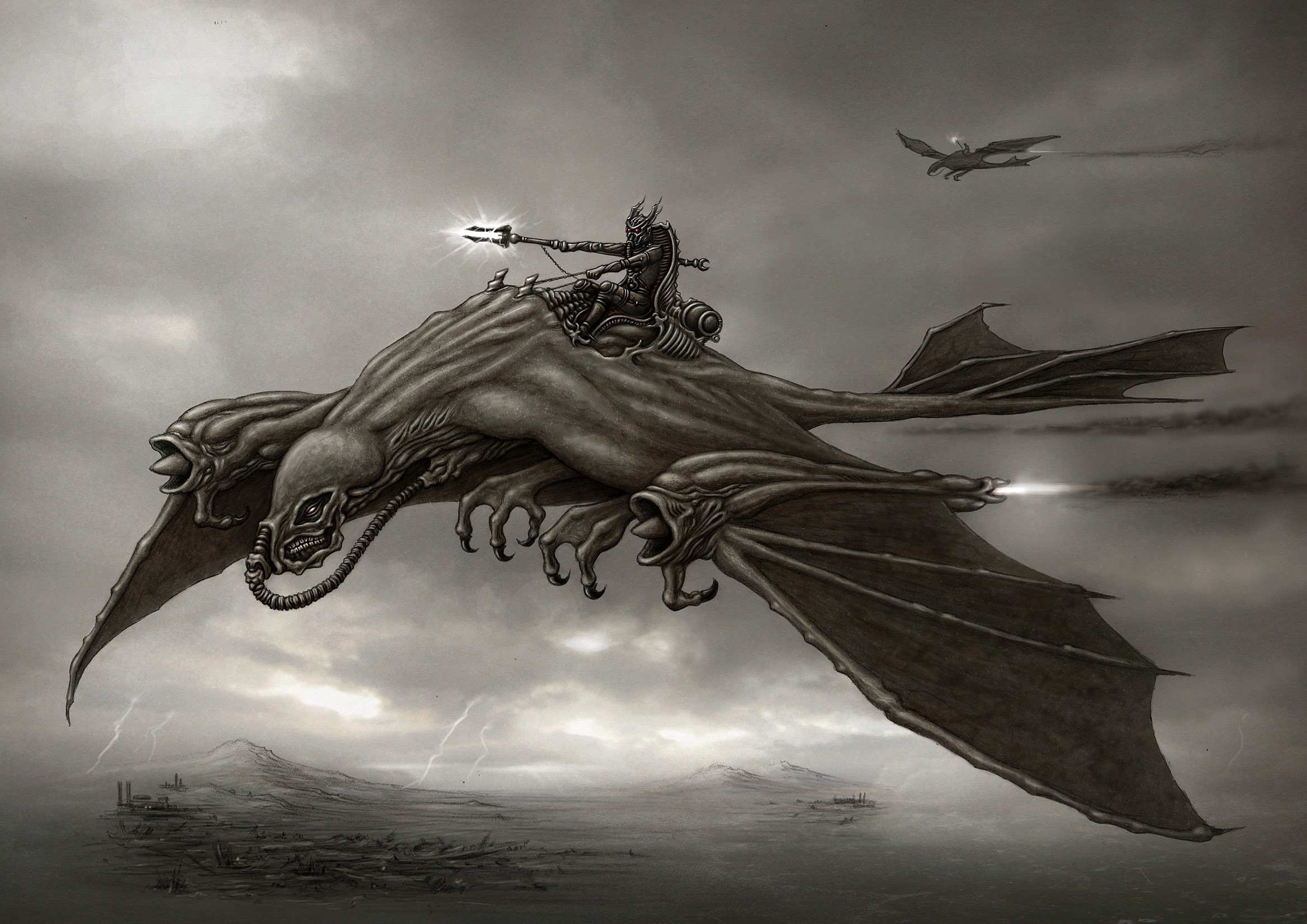 Warrior riding a winged creature over a desolate landscape HD Wallpaper