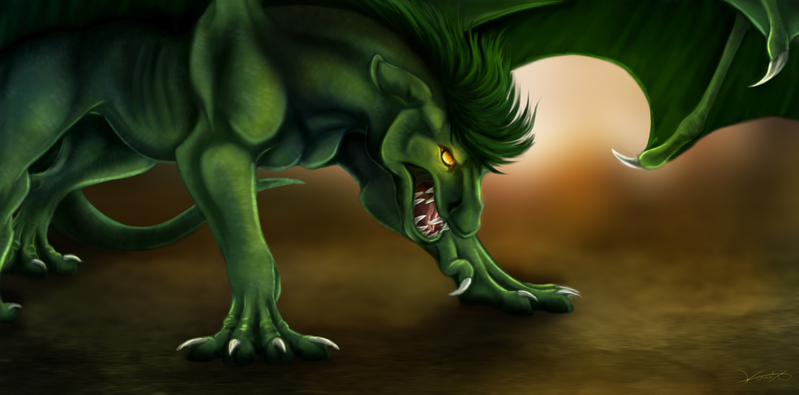 Green dragon with wings and sharp teeth HD Wallpaper