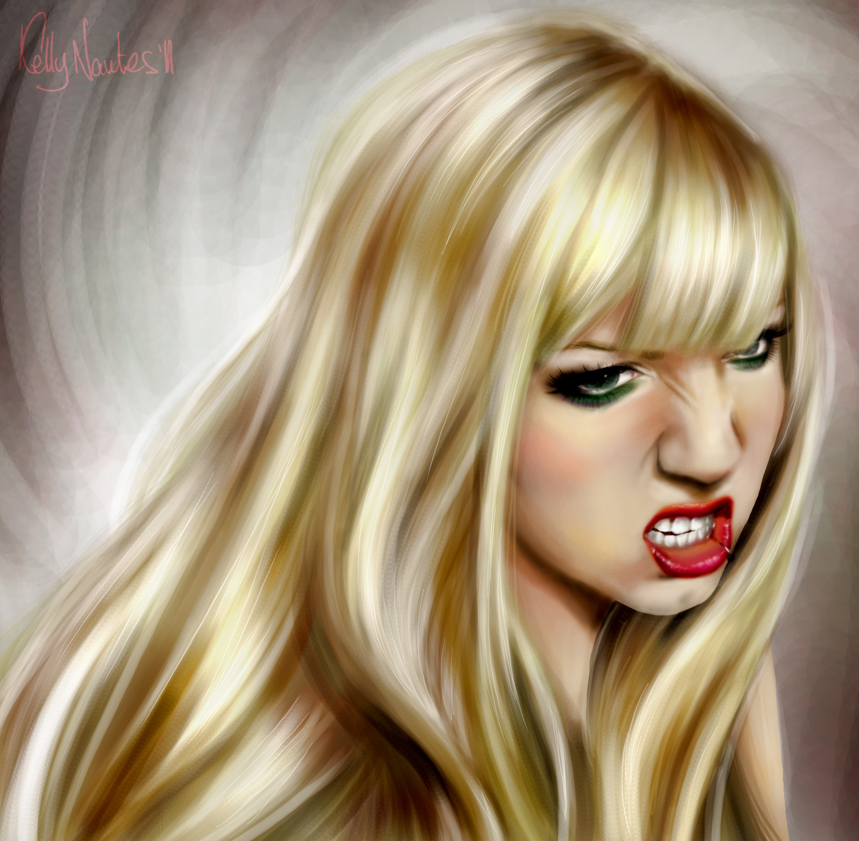 Painting of a blonde girl with green eyes and red lipstick HD Wallpaper