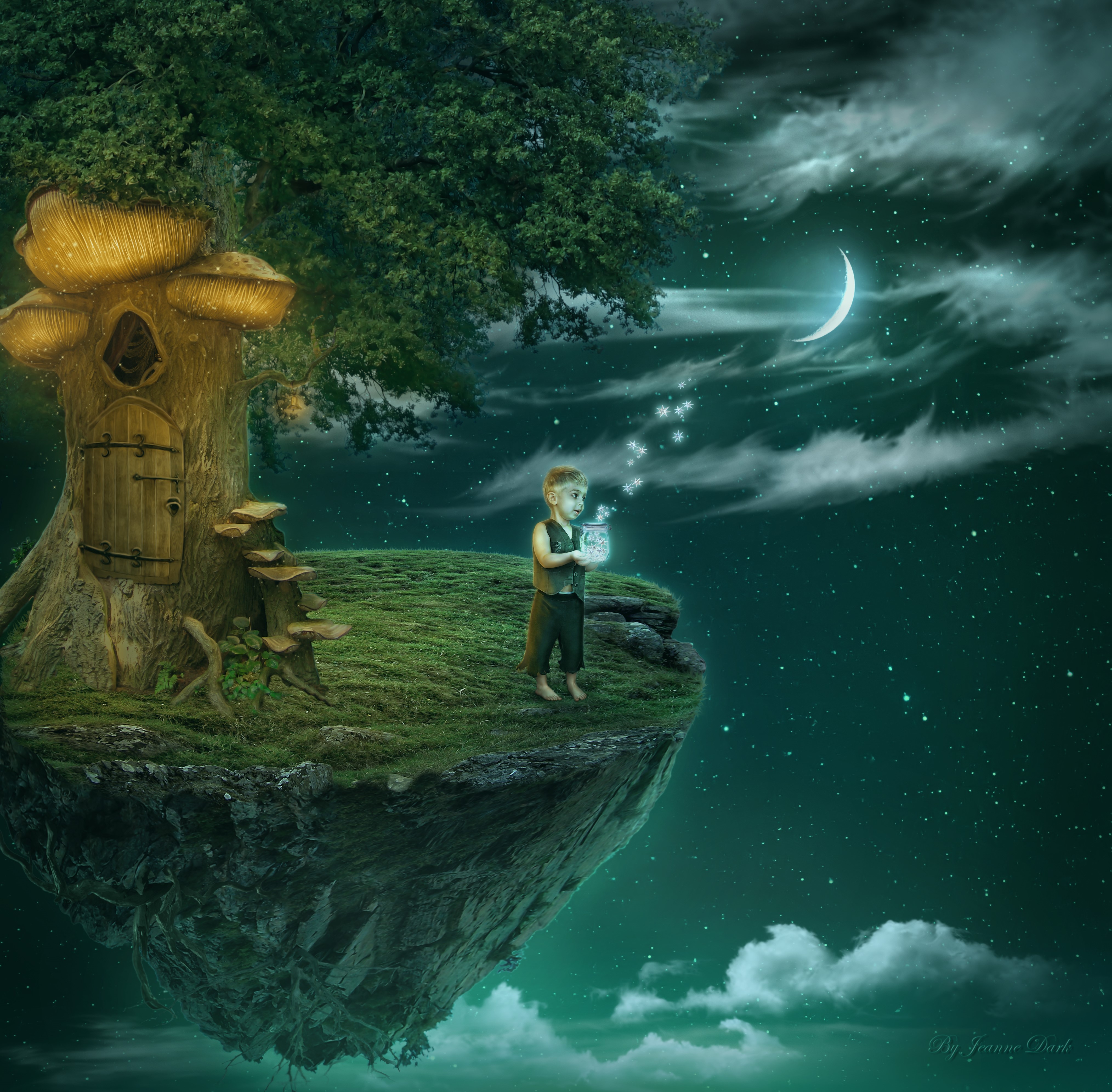 Boy with jar of stars on floating island at night HD Wallpaper