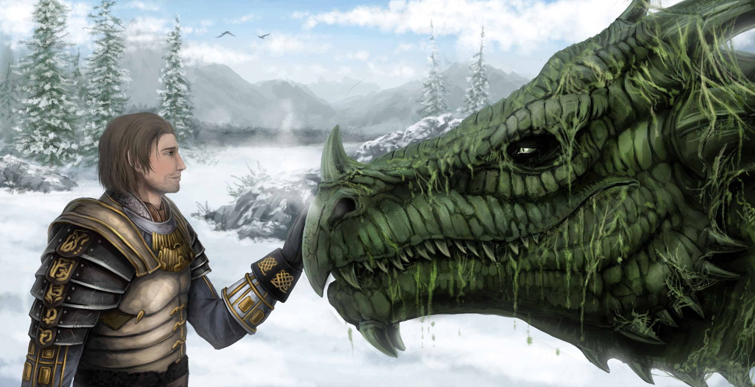 Man in Armor Touching a Moss-Covered Dragon in Snowy Landscape HD Wallpaper