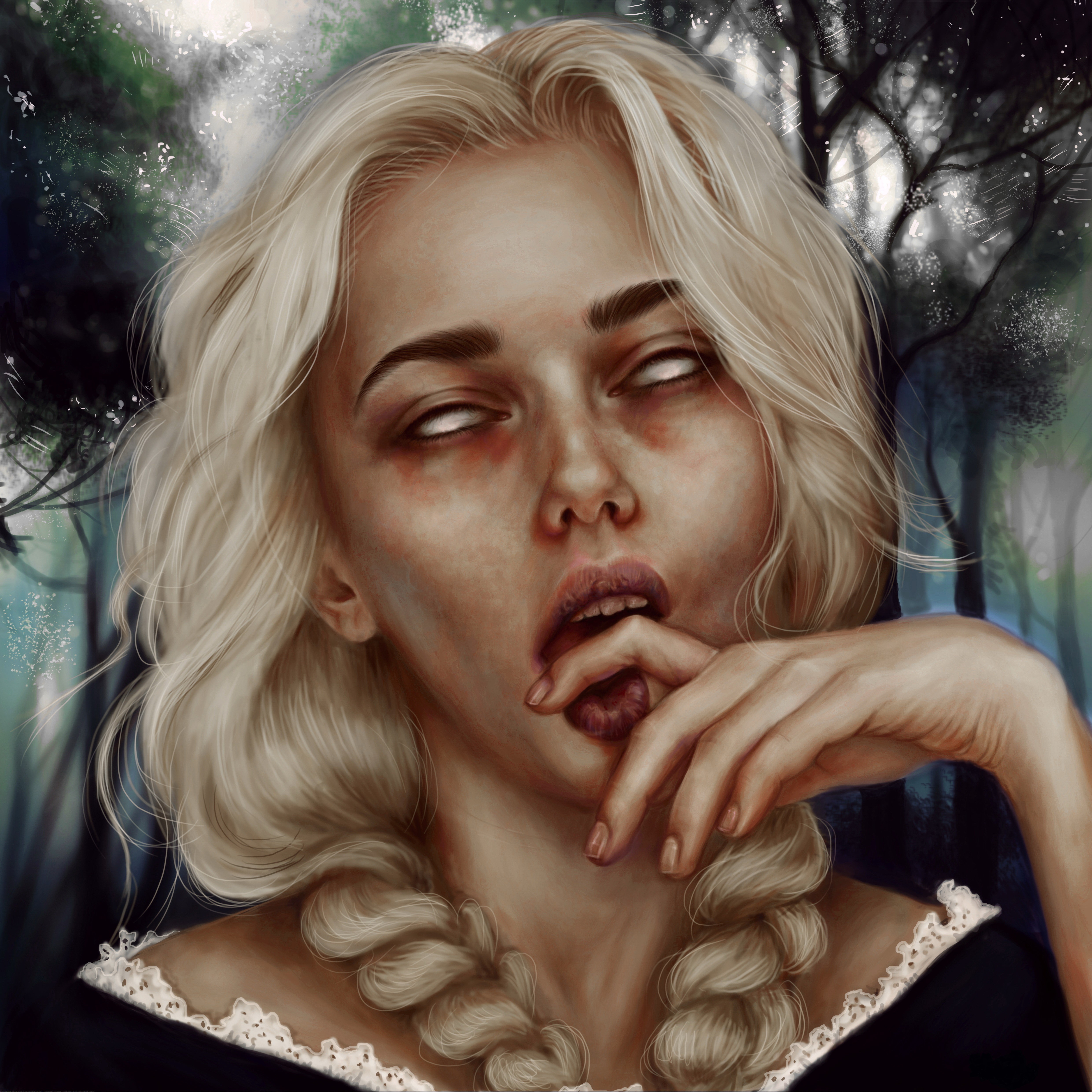Painting of a blonde girl in a forest HD Wallpaper