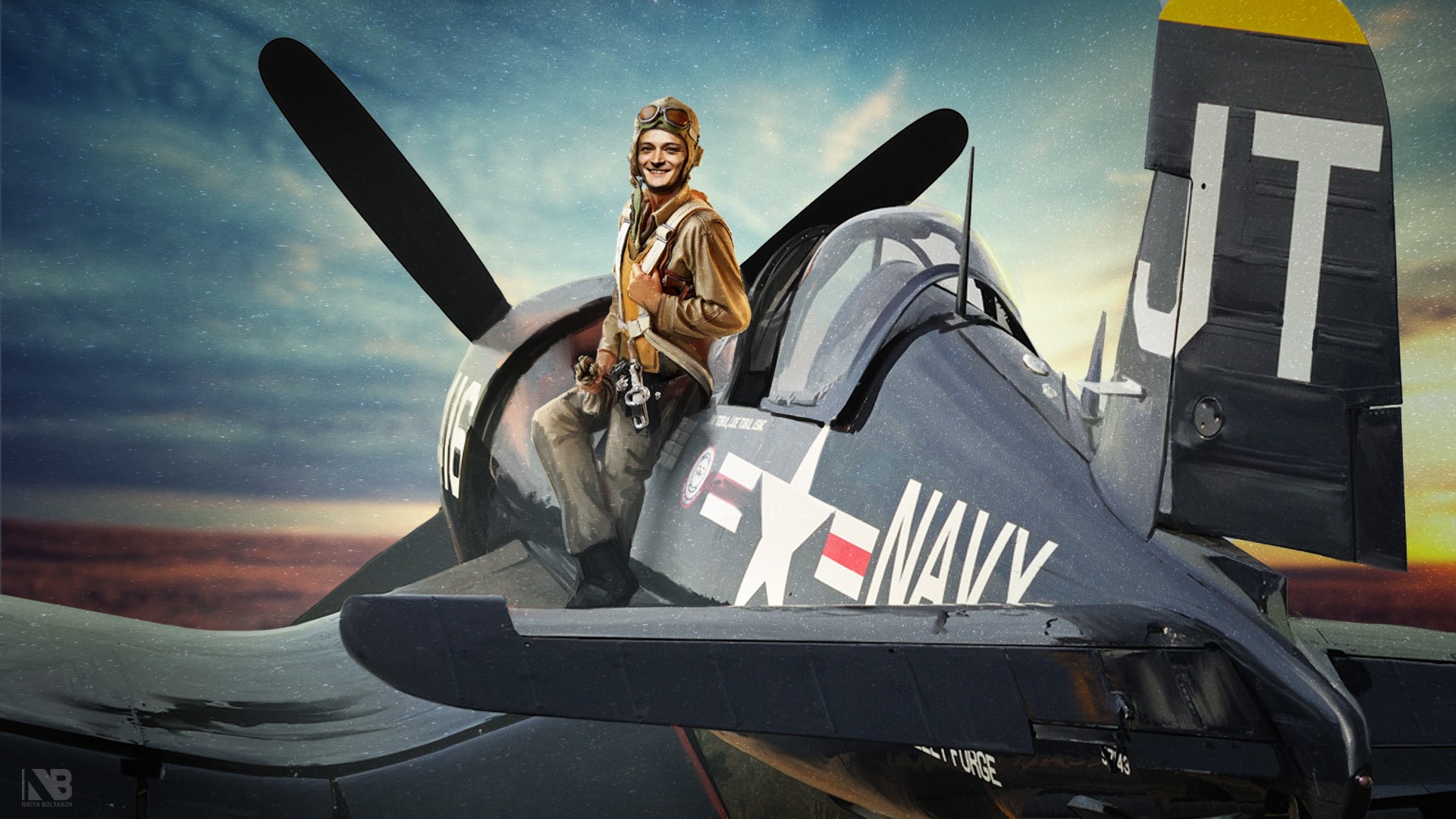 Pilot in a WWII airplane, painting by Nikita Bolyakov HD Wallpaper