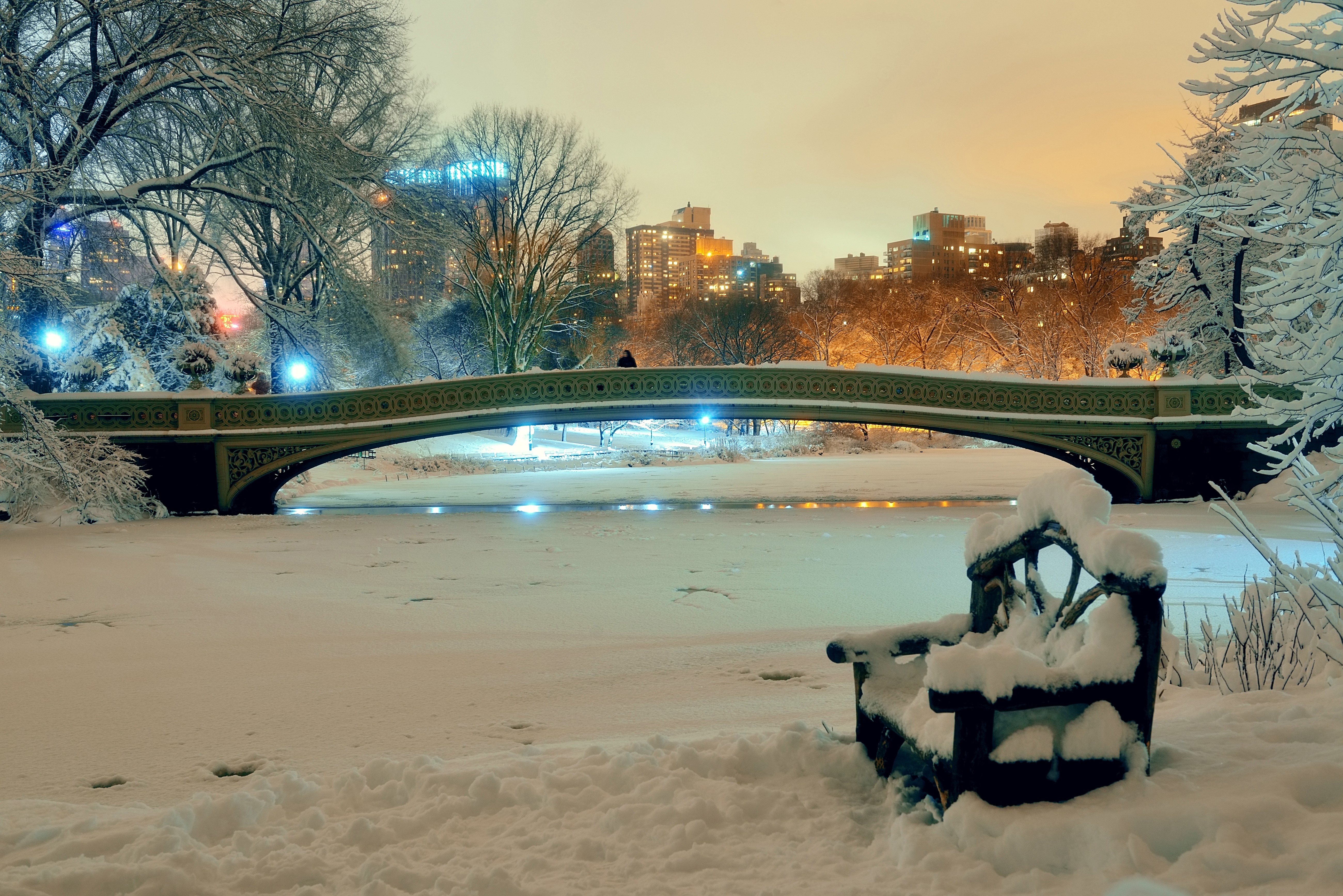 Snowy Bow Bridge in Central Park, New York City at Night HD Wallpaper