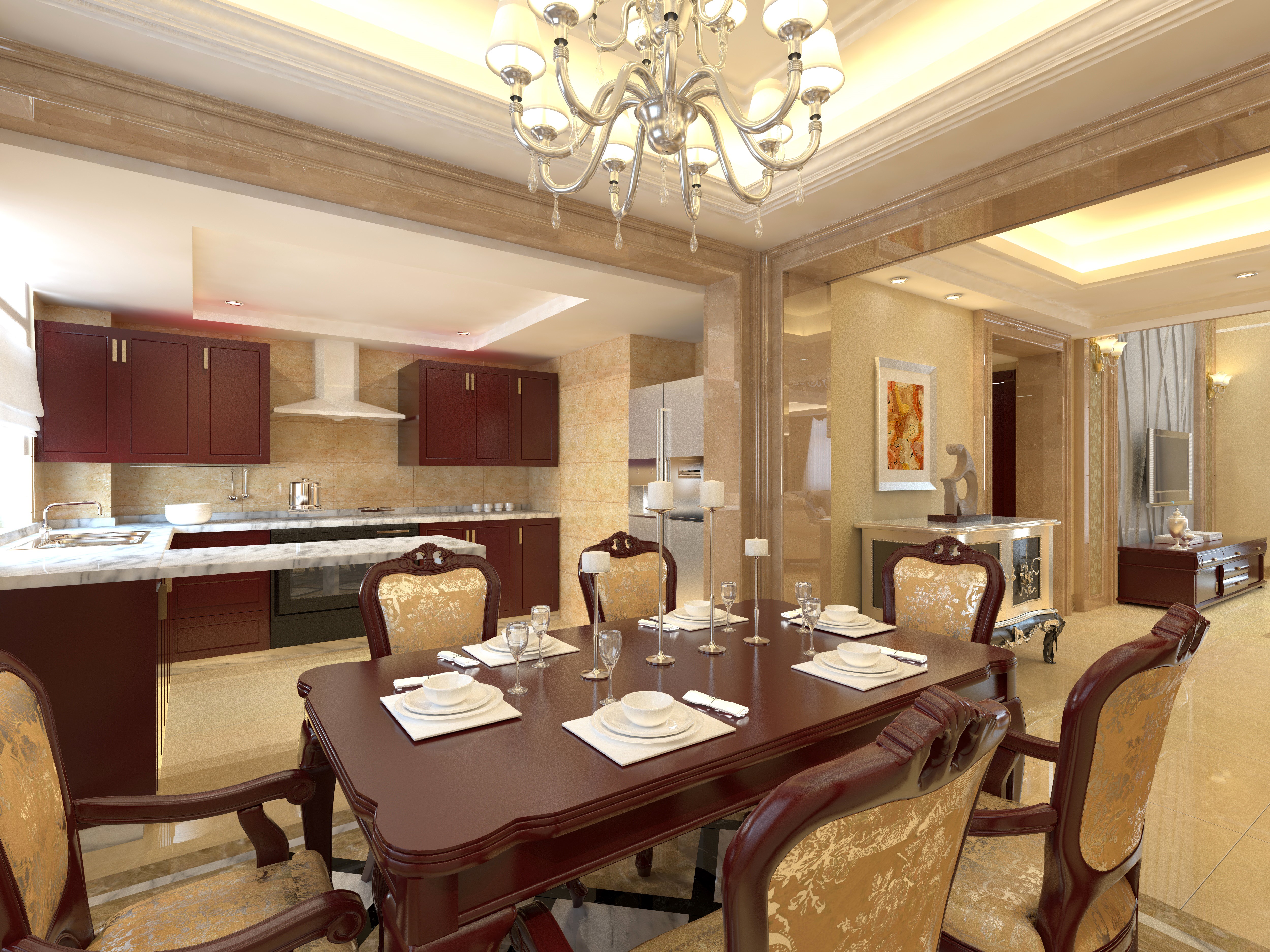 Interior Design of a Kitchen and Dining Room with Chandelier HD Wallpaper