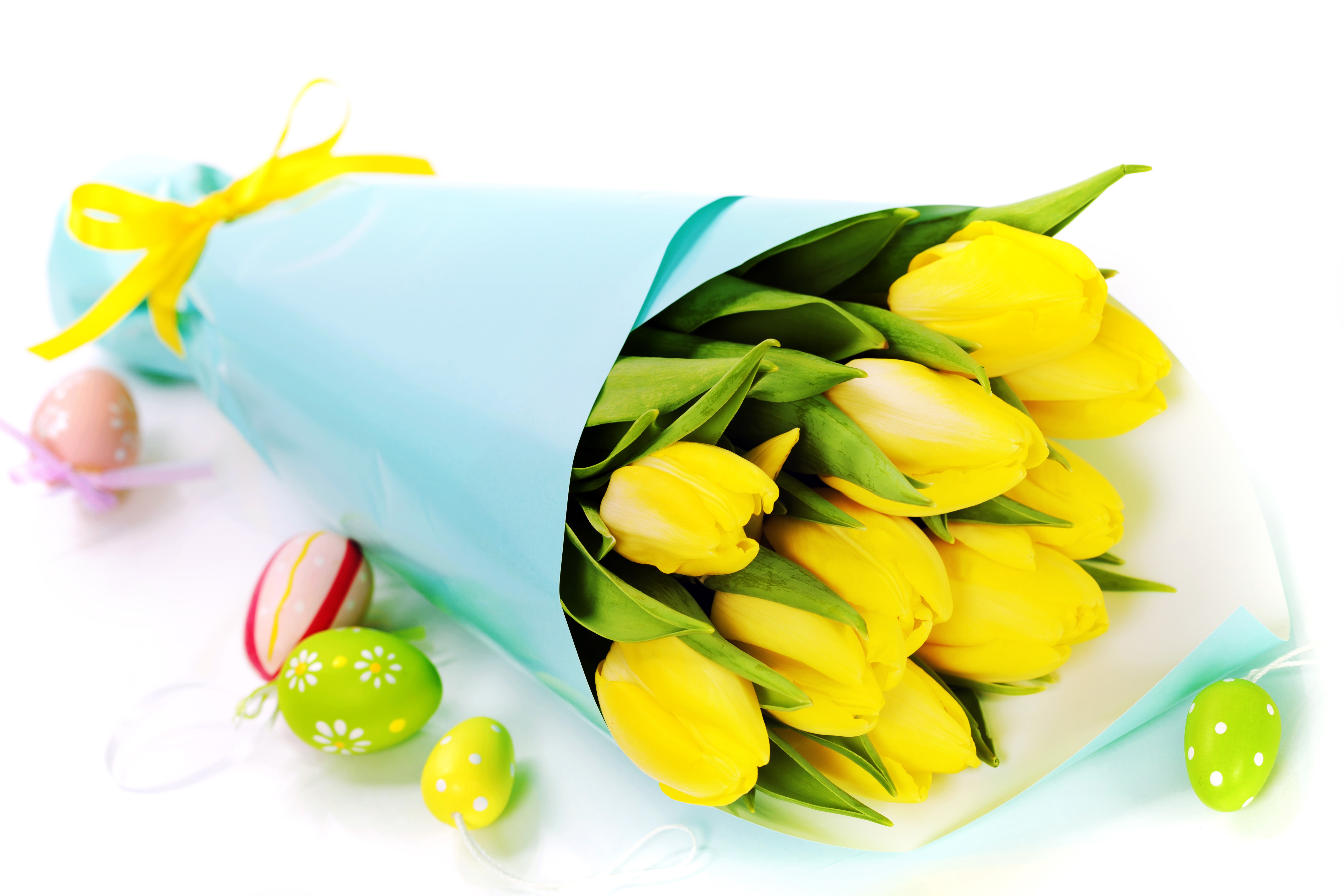 Yellow Tulips Bouquet with Easter Eggs HD Wallpaper