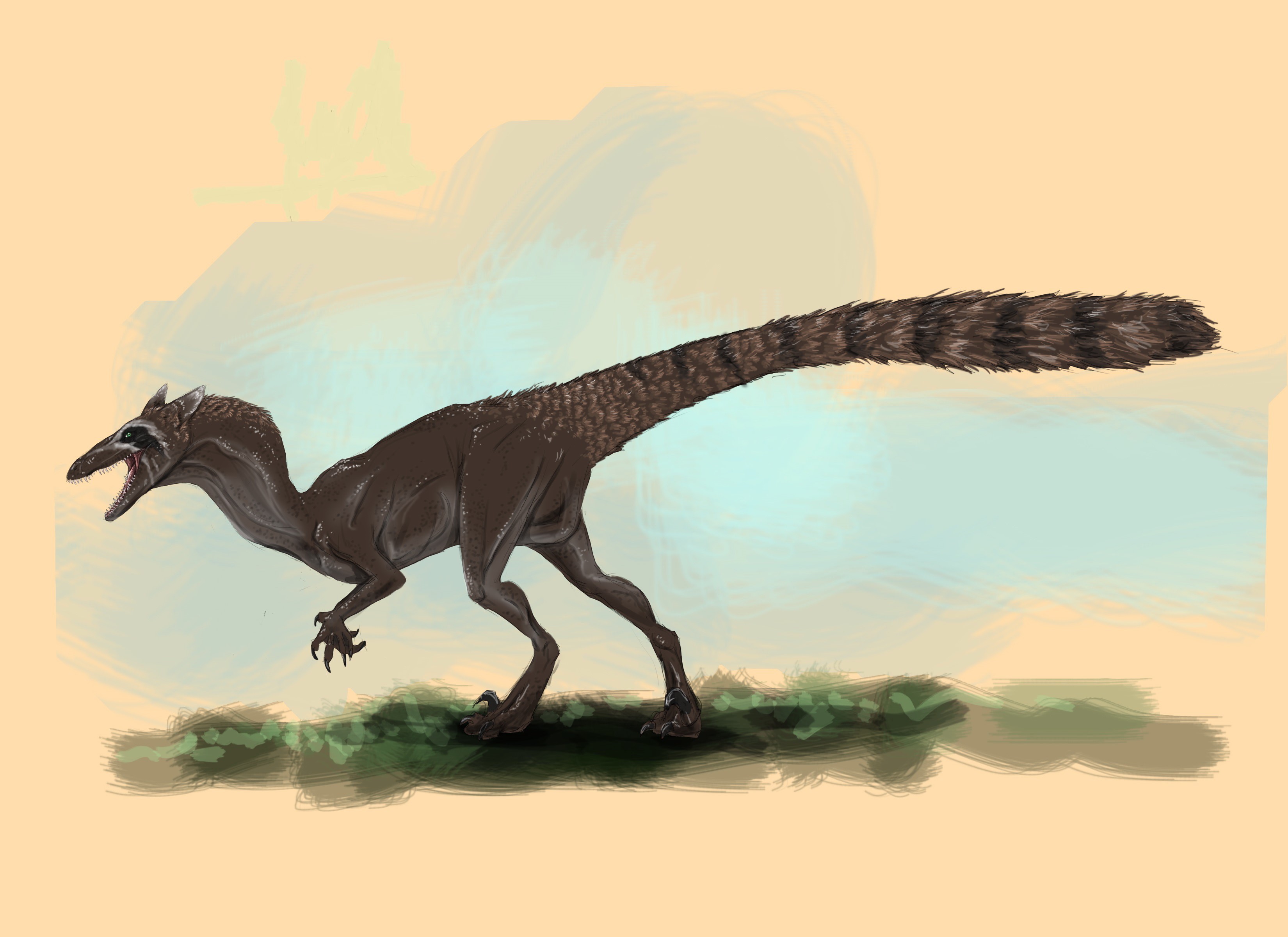 A feathered dinosaur with a striped tail HD Wallpaper