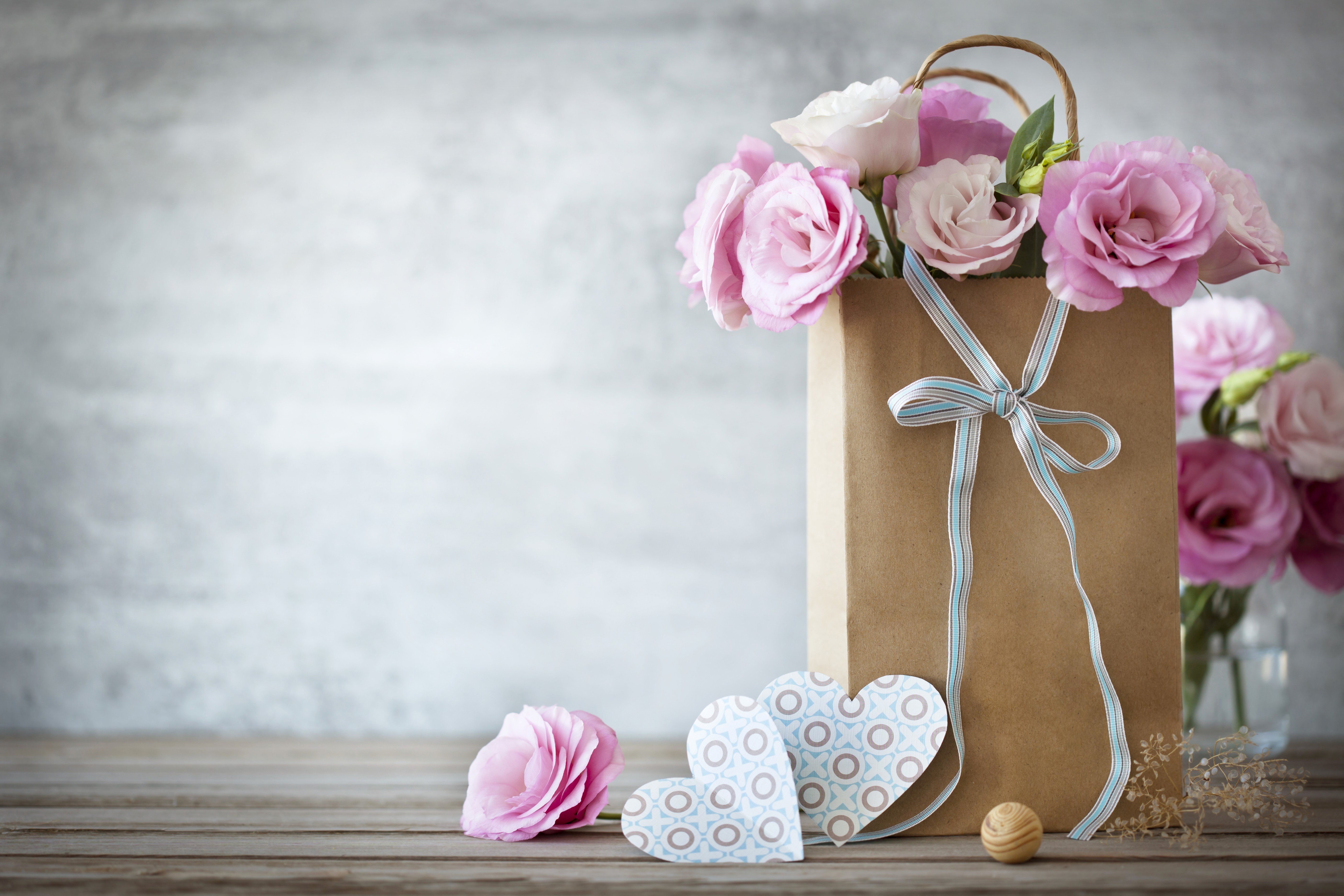 Pink Eustoma Flowers in a Gift Bag with Hearts HD Wallpaper