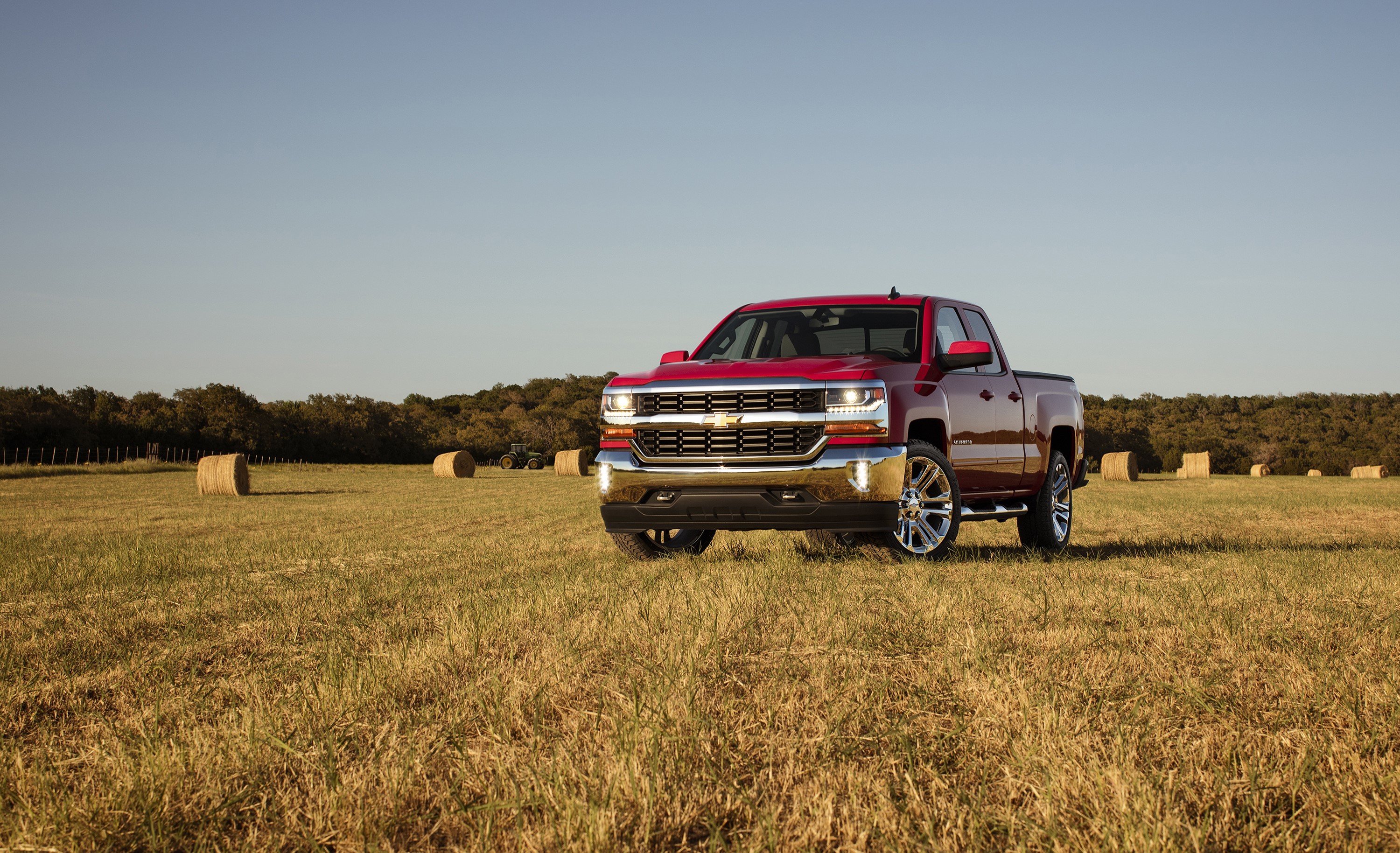 Red Chevrolet Silverado Double Cab Truck in Field HD Wallpaper