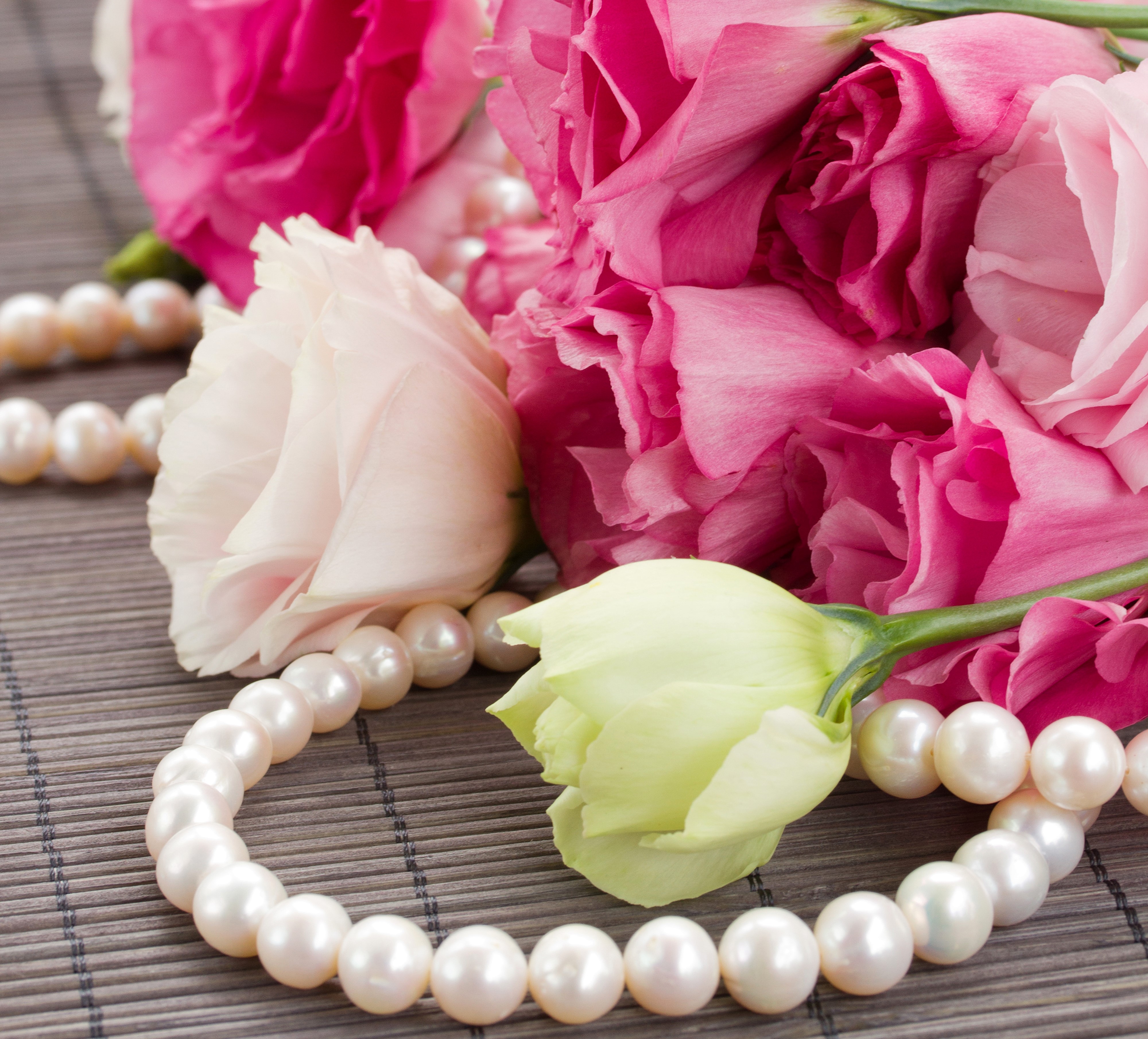 4K Eustoma Flowers with Pearl Jewelry HD Wallpaper