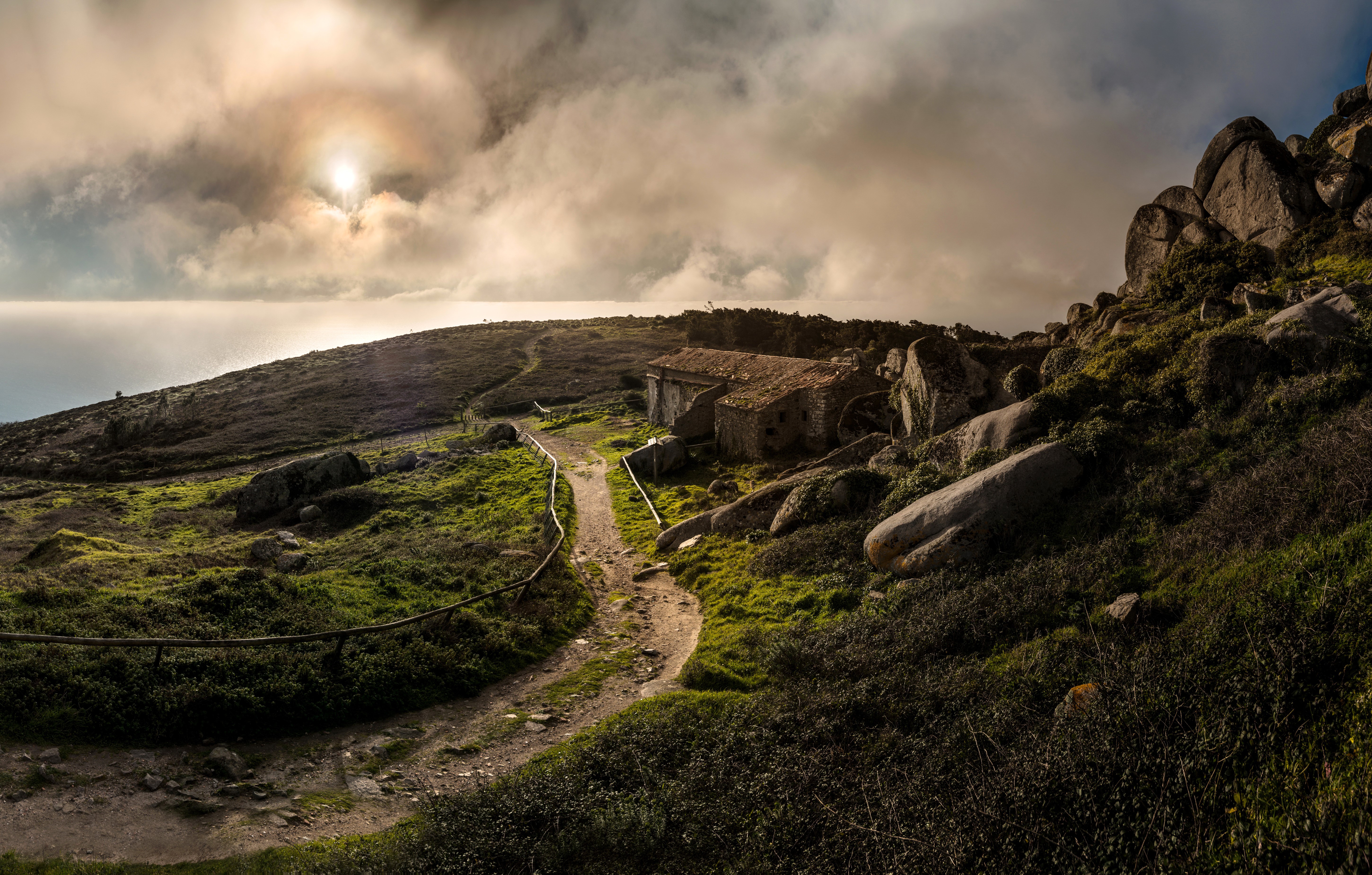 Trail near Biscaia, Lisbon, Portugal with clouds HD Wallpaper
