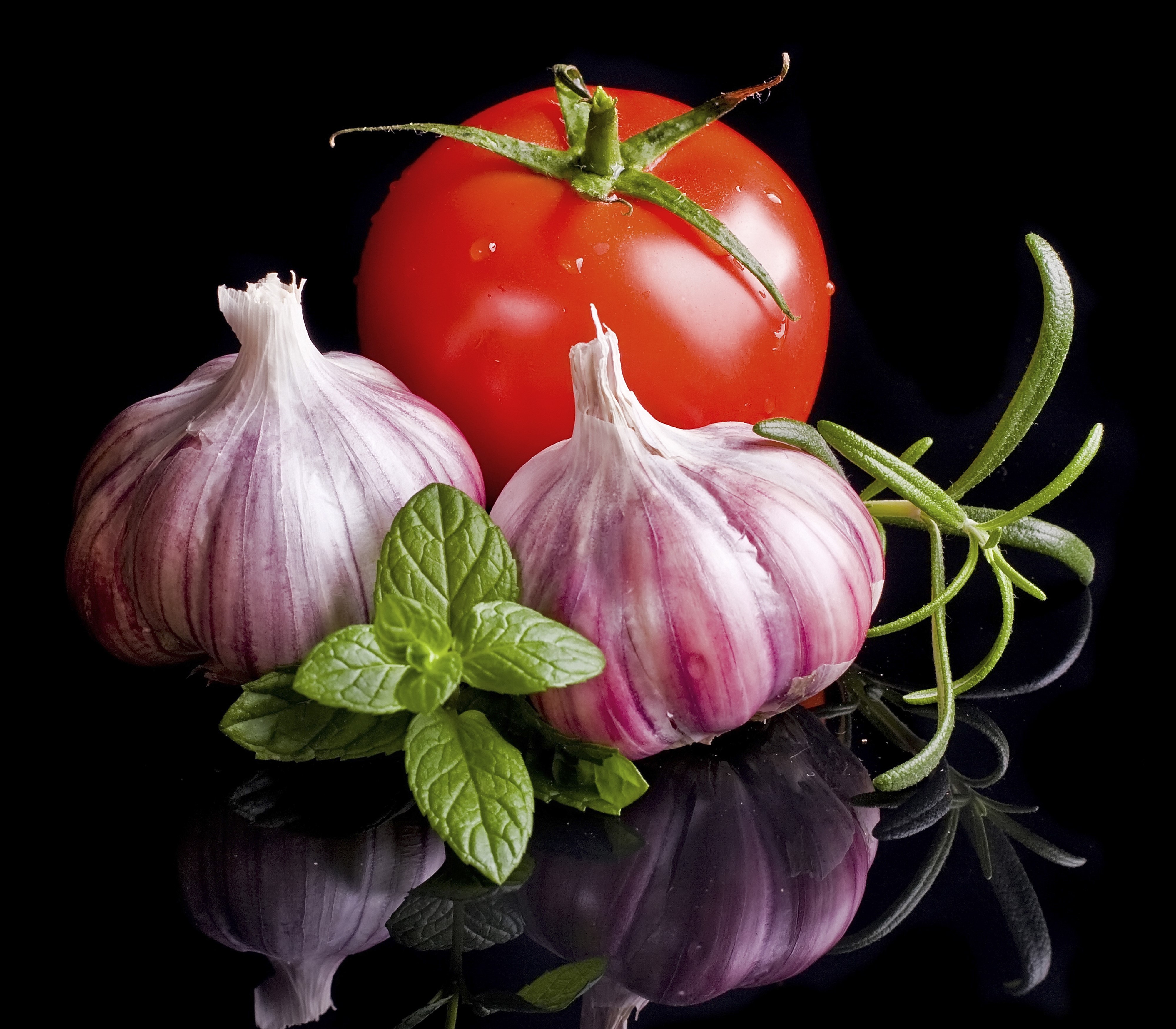 Tomato, Garlic, Mint, and Rosemary on Black Background HD Wallpaper