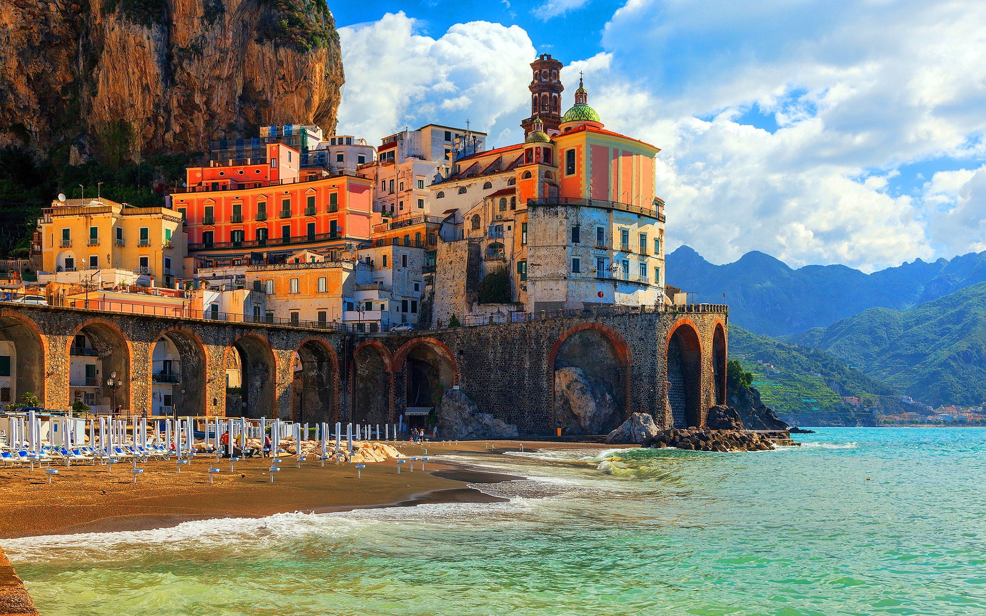Colorful houses on a cliff overlooking the sea in Italy HD Wallpaper