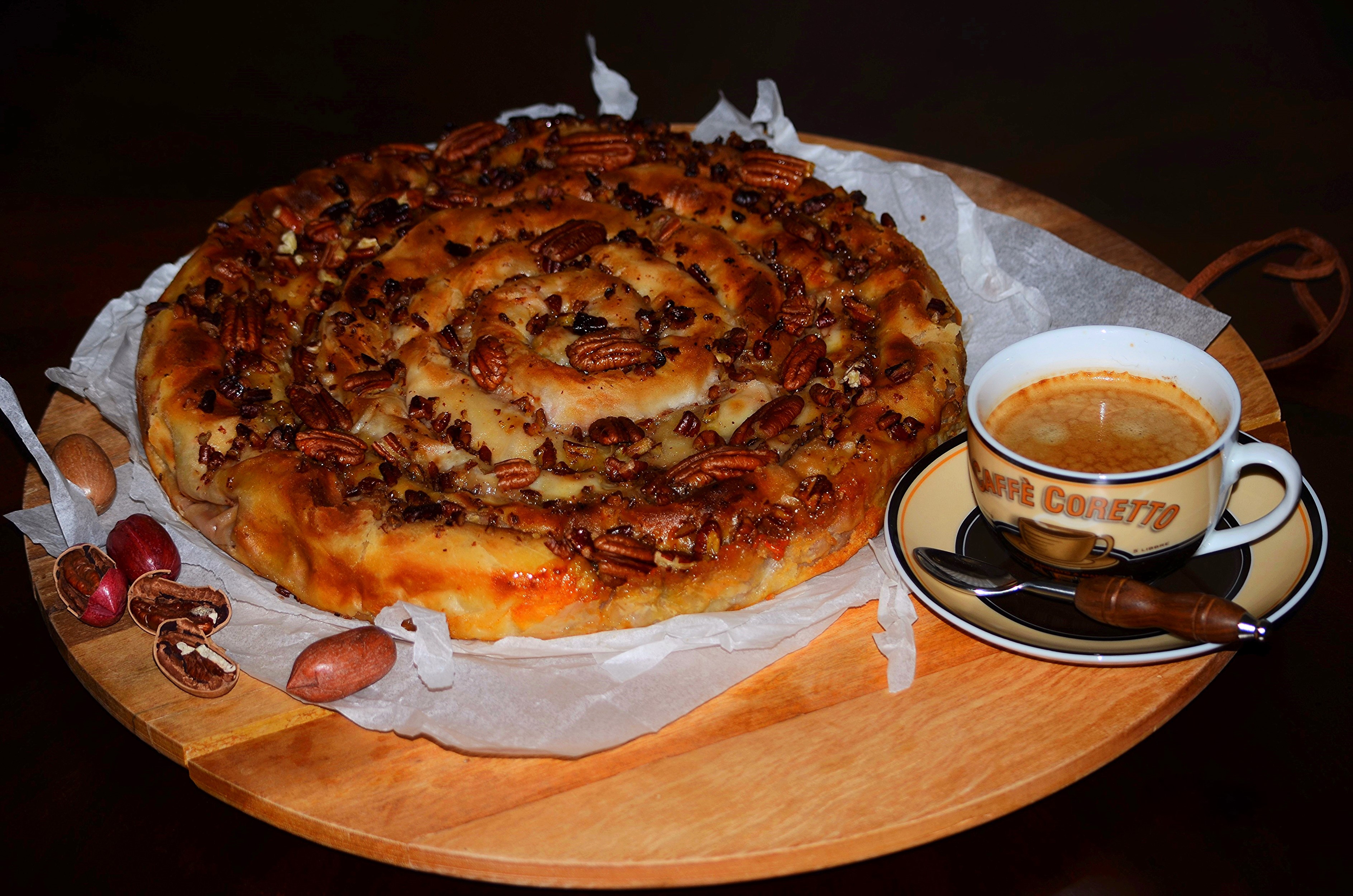 Pecan pie with a cup of Caffe Coretto coffee HD Wallpaper