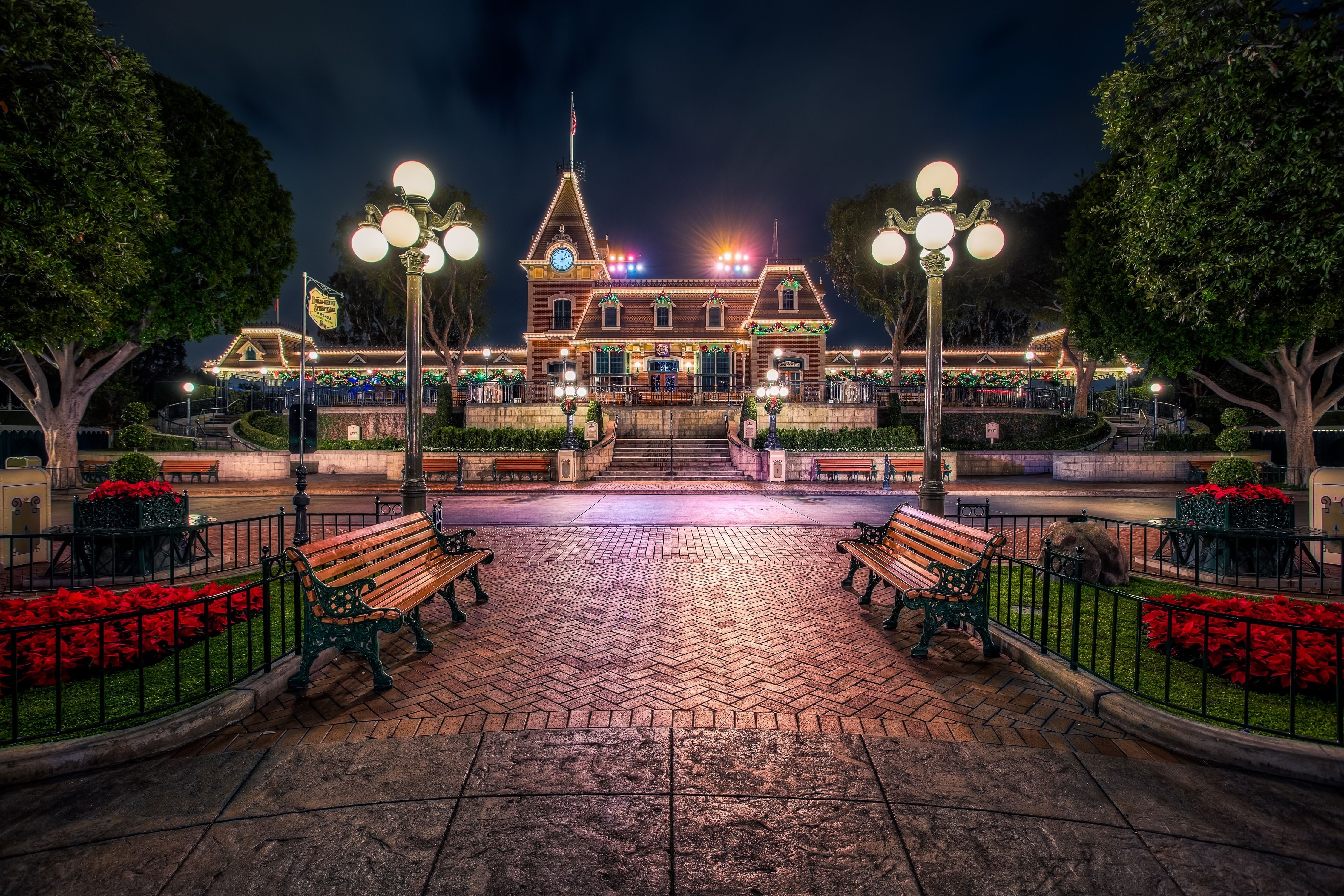 Disneyland Train Station at Night, California HD Wallpaper