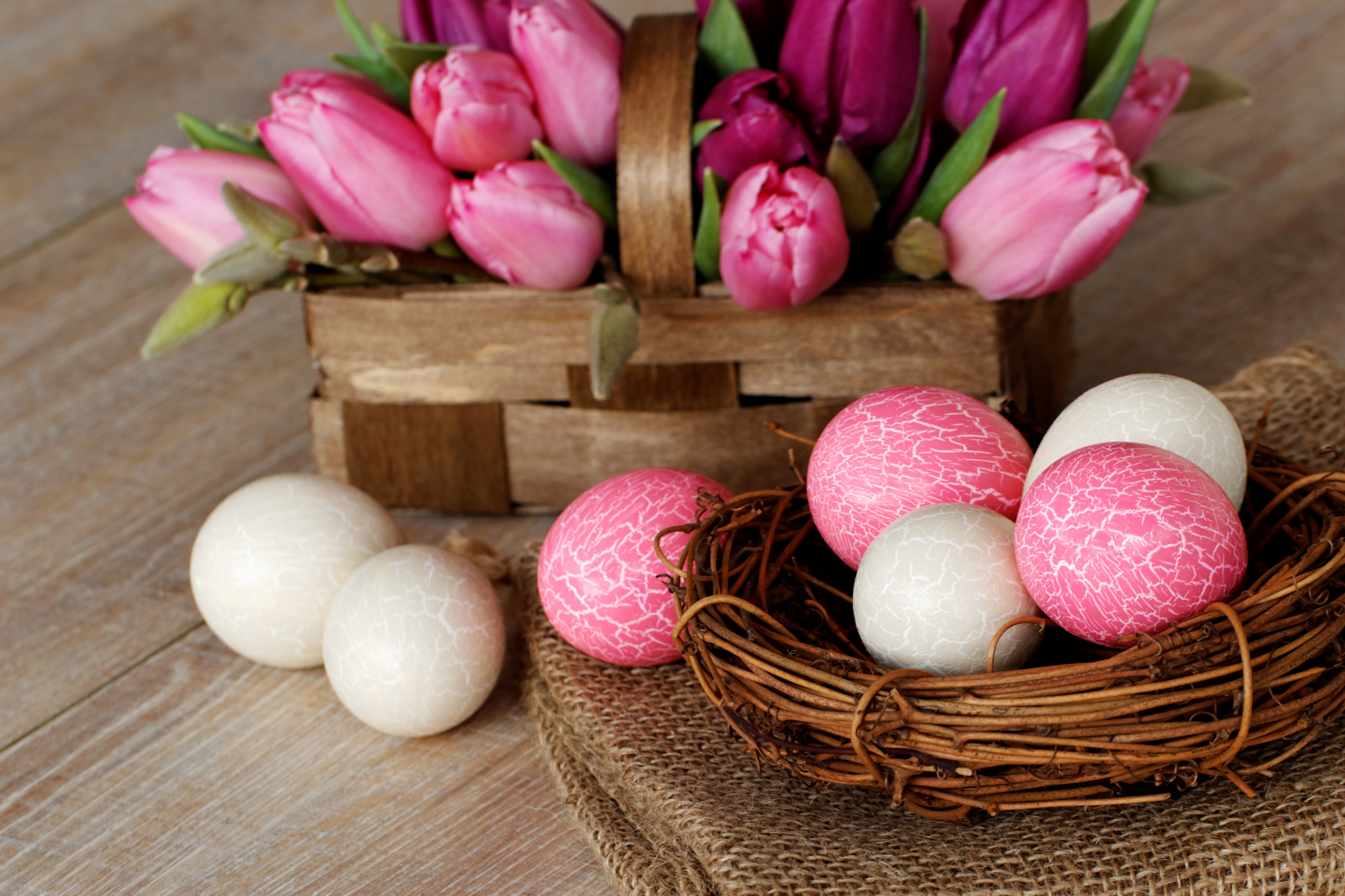 Easter Tulips and Eggs in a Wicker Basket HD Wallpaper