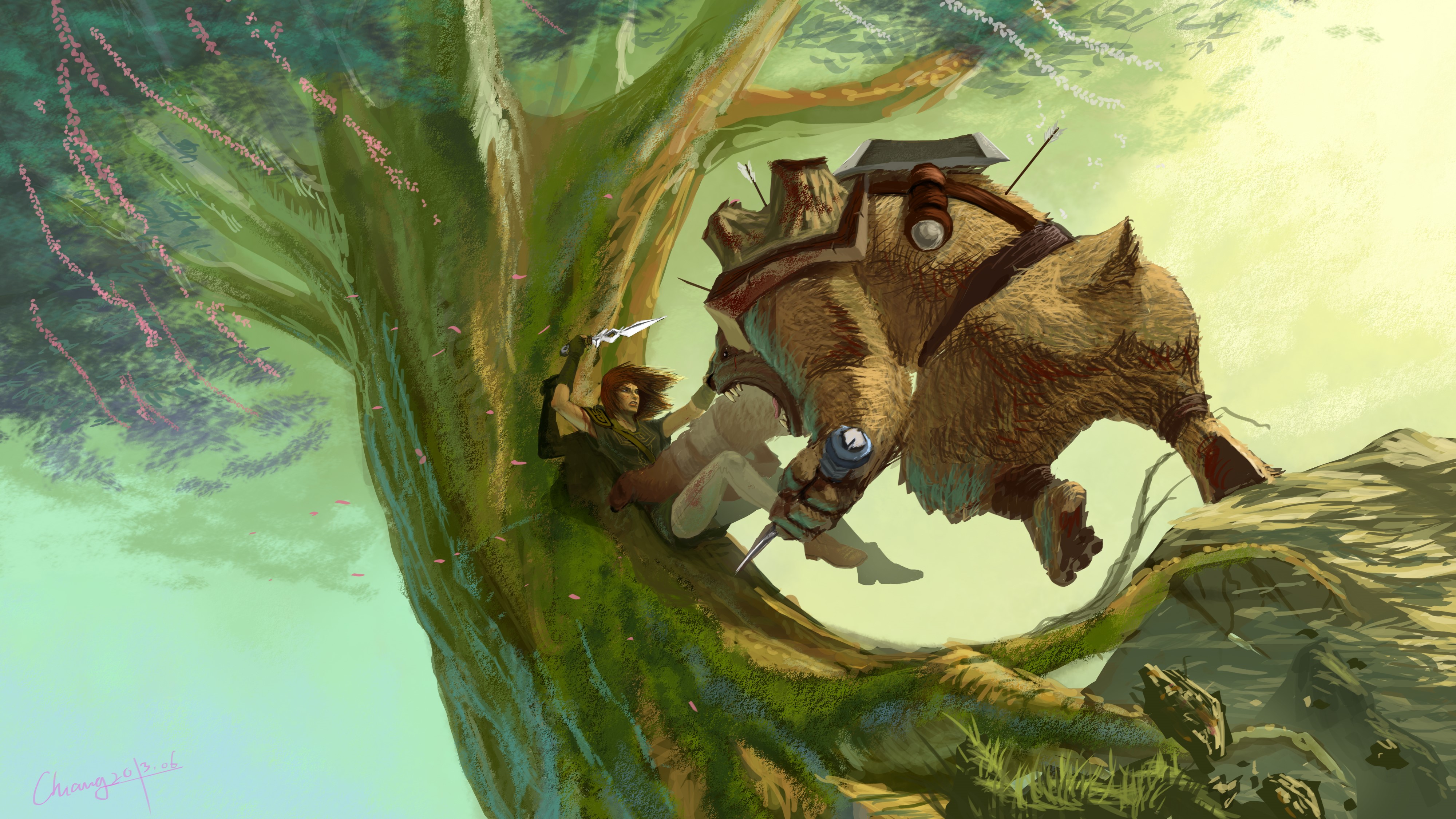 Warrior fighting a bear on a tree HD Wallpaper