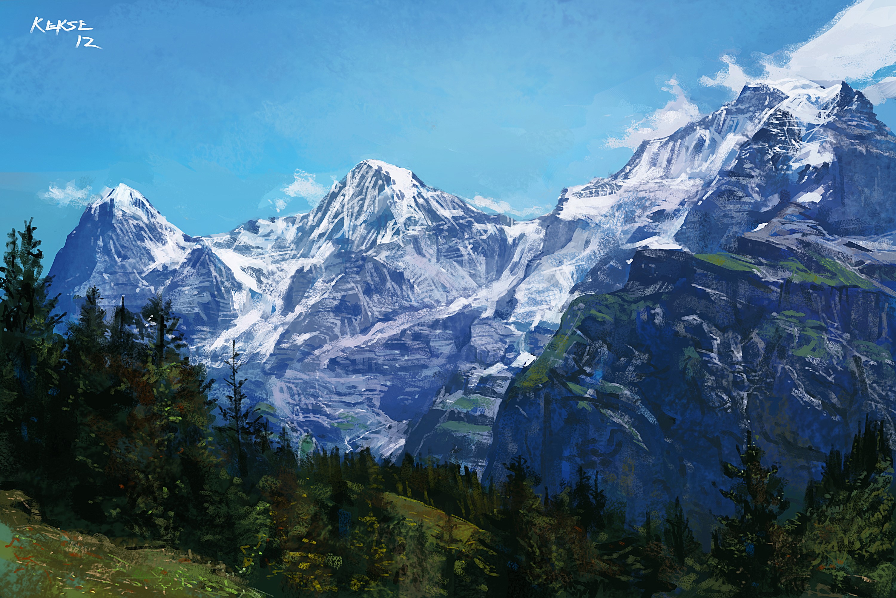Painting of snow-capped mountains and pine trees HD Wallpaper
