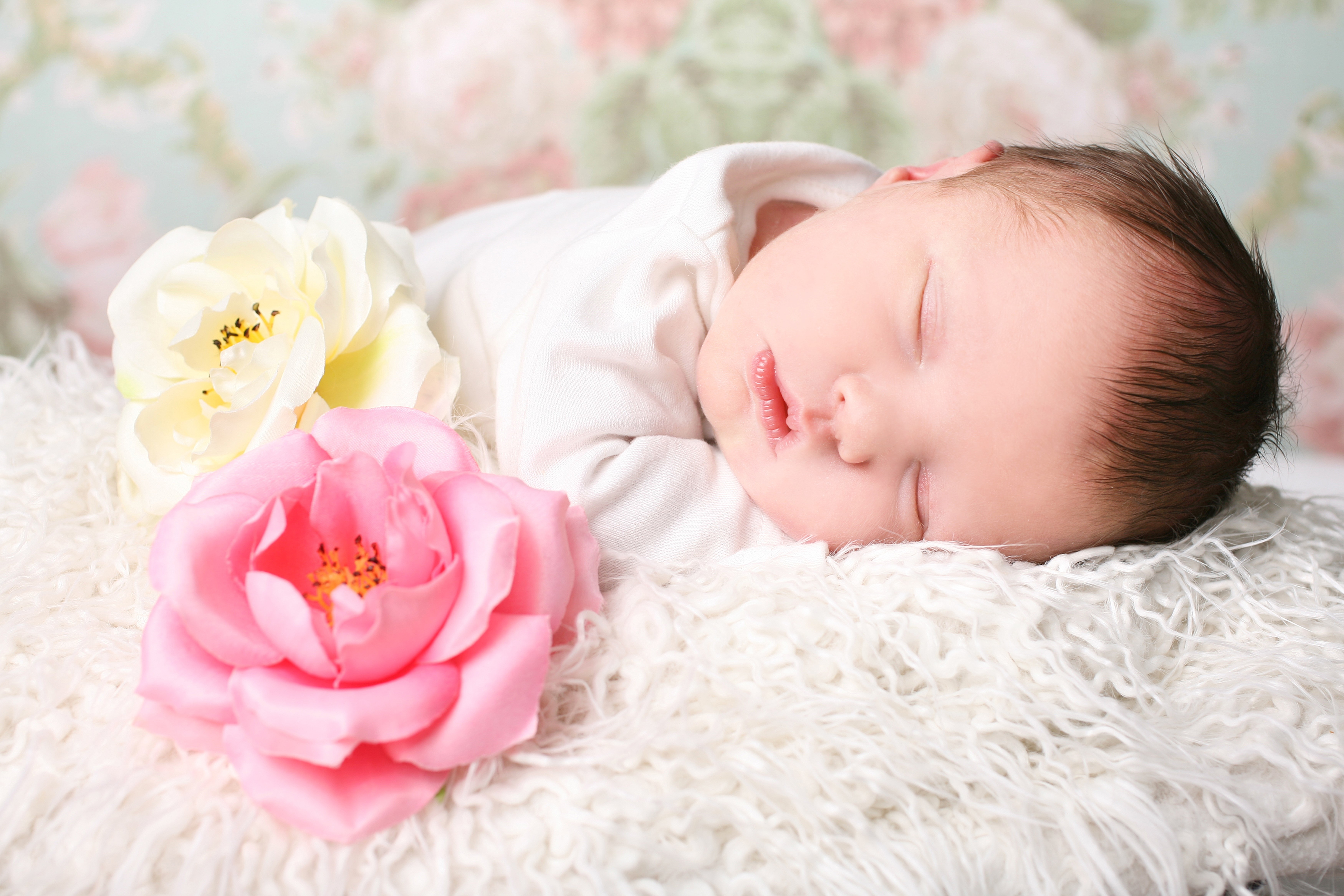 Infant sleeping on fluffy blanket with flowers HD Wallpaper