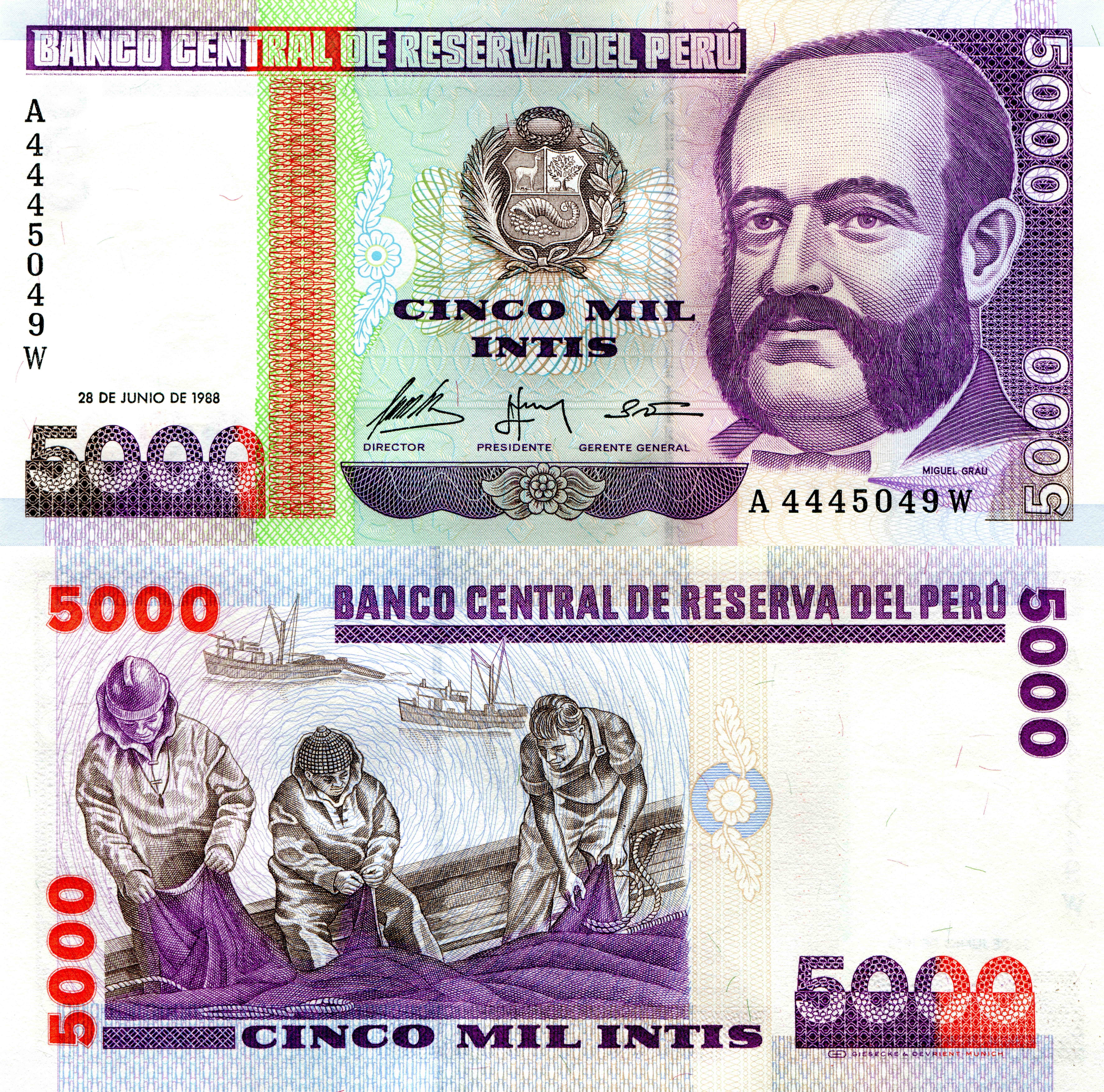 5000 Intis Banknote from Peru featuring Miguel Grau HD Wallpaper
